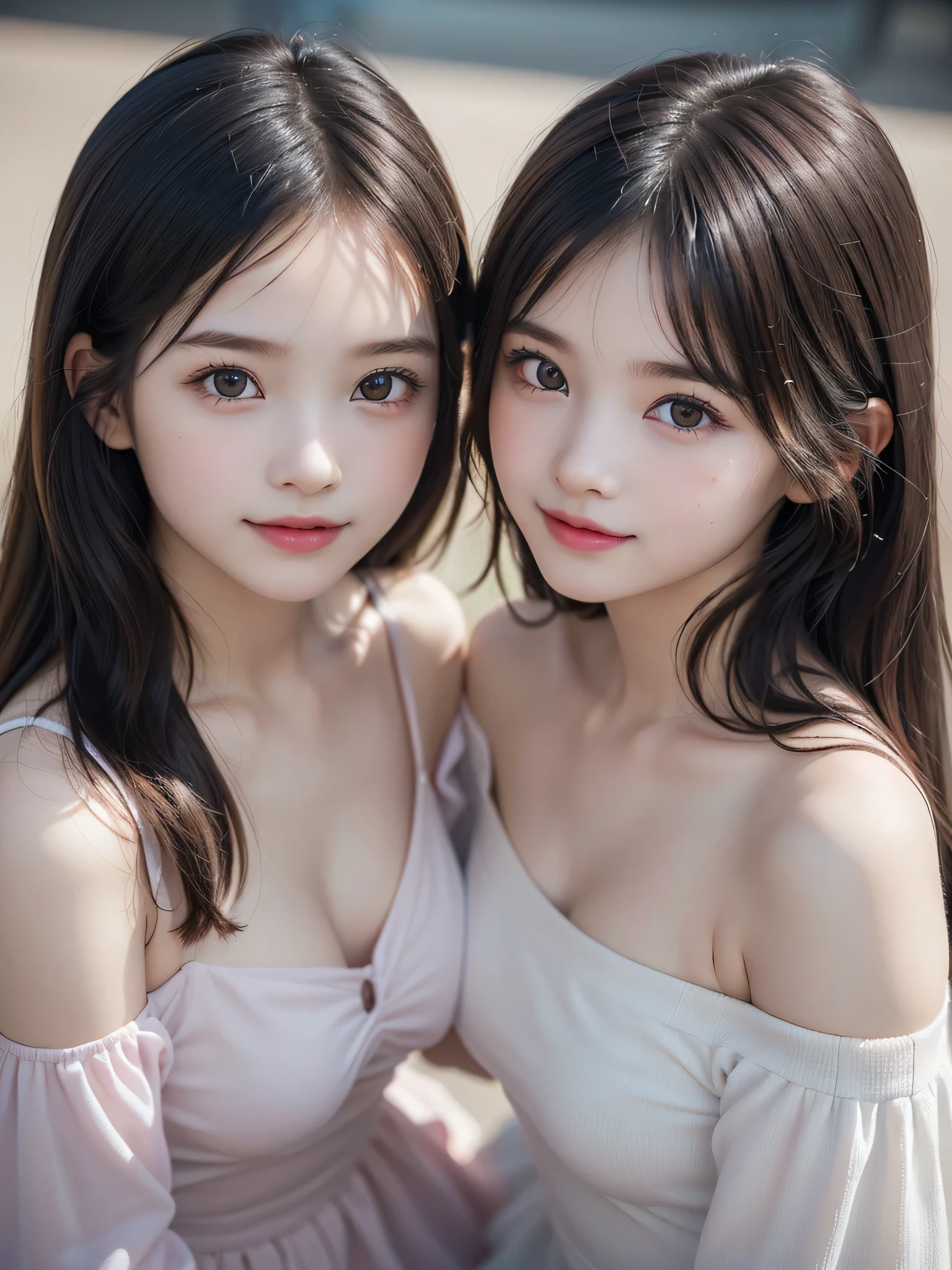 ((2 Little Girls:1.3)), (Ultra Realistic, hight resolution), (Highly detailed eyes, Highly detailed hair, Highly detailed face, Highly detailed plump lips), (off shoulder with open breasts), breasts, Upper body, Search Smile, (Best Quality:1.4), Raw photo, (Realistic, photo-Realistic:1.37), Professional Photography, Cinematic Light, (Fine face: 1.2), (View from above),