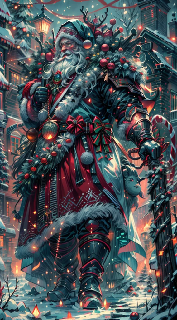 (best quality,4k,8k,highres,masterpiece:1.2),ultra-detailed,(realistic,photorealistic,photo-realistic:1.37),Santa Claus as a boss of the game Dark Soul in the Christmas DLC, (muscular), (holding a giant candy cane), Santa suit mixed with fantasy Dark Soul armor, detailed face with a long white beard, intense eyes glowing with a magical light, sinister smile, realistic shadows and highlights, eerie dark ambiance, vibrant colors, intricate details on the armor, unique combination of Christmas and dark fantasy elements, captivating and dynamic composition, epic and intimidating presence, glowing runes on the armor, intricate ornaments on the Christmas tree, ethereal glow surrounding Santa Claus, majestic and powerful, ready to bring joy and despair to the game's players,,surrounded by a snowy landscape,with large icicles hanging from the environment,casting a golden aura,[epic battle scene],intense fire and smoke effects,[vivid colorokeh],blue and white color scheme with hints of gold, dramatic lighting with warm highlights and cool shadows.