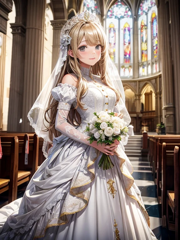 lexington \(warship girls r\),((masterpiece)),(((best quality))),((ultra-detailed)),((illustration)),((disheveled hair)),((frills)),(1 girl),(solo),
1girl, bare shoulders, blue bow, blue eyes, blue flower, blue ribbon, blue rose, blush, bouquet, bow, breasts, bridal veil, cleavage, closed mouth, dress, earrings, elbow gloves, flower, full body, gloves, gradient, hair flower, hair ornament, holding, holding bouquet, jewelry, long hair, looking at viewer, medium breasts, necklace, petals, pink rose, purple rose, ribbon, rose, smile, solo, strapless dress, tiara, veil, very long hair, wedding dress, white dress, white gloves, white rose, flaxen hair, No legs visible, Inside the church,
