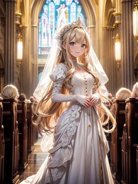 In front of the altar of a majestic church、(blurry backround)、brightened light、golden long hair girl、Classic White Wedding Dresses、(elegant luster)、(Lots of races)、lots of ribbons、((voluminous puff sleeves))、long cuffs with many buttons、golden embroidery、Long Train、white embroidered gloves、5 fingers、A smile、Redness of the cheeks