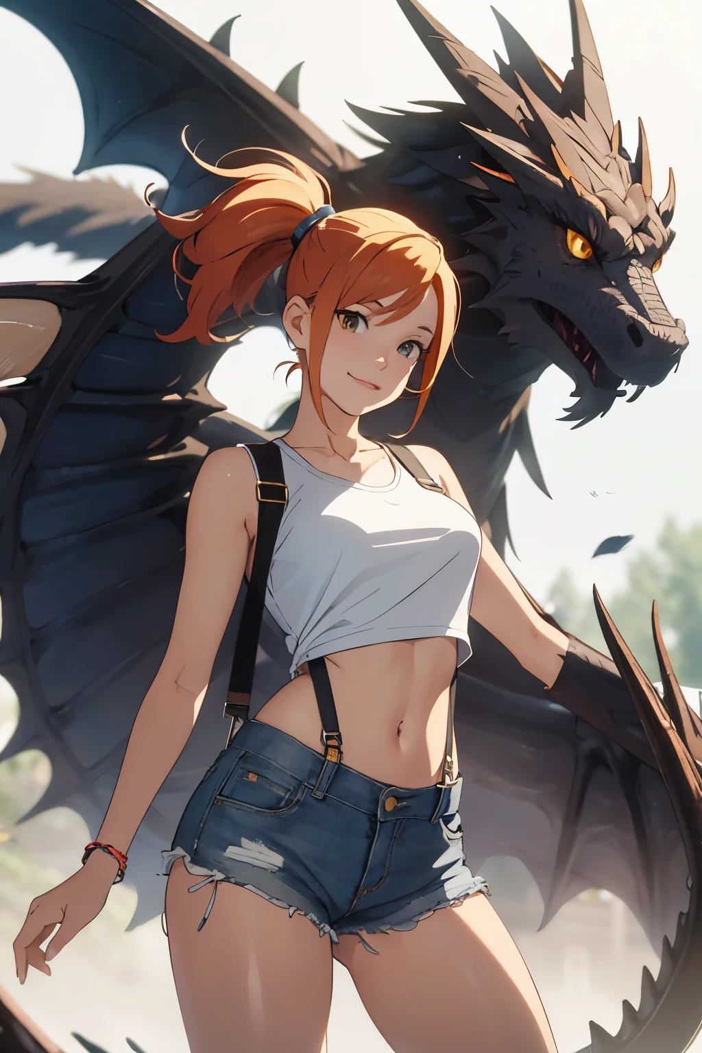 The centerpiece of the image is Misty from Pokémon, standing outdoors with a confident smile. Orange hair styled in a side ponytail, wearing denim shorts with suspenders, yellow crop top that shows off her midriff and navel. Yellow tank top. Cowboy shot posture exudes confidence and strength.

Misty is accompanied by a cute Dragon.

Overall, the image is a masterpiece, with high-quality details and a realistic rendering of Misty, her outfit, and her companion dragon. The colors are vivid and eye-catching, and the image is high-resolution, capturing every nuance of Misty's confident and adventurous spirit.