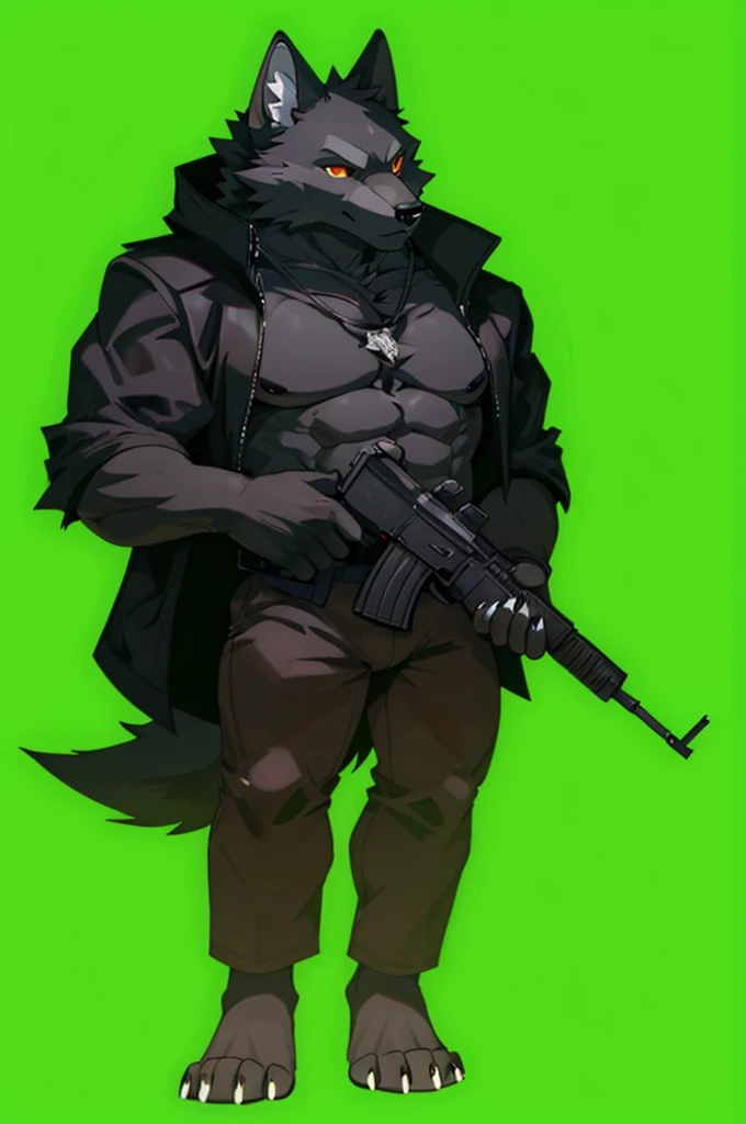 Black fur anthro wolf, (orange eyes (red pupil(black line in the middle of pupil))), short ears (black ears), (detailed (holding assault rifle (black assault riffle) with two hand (black paws(white nails)))), (wearing (black jacket (no accesory on jacket) (muscular black fur chest uncovered (no necklace))), (dark pants), no shoes), (black feet (animal feet or paws) (four finger (white nails))). Hd quality, good quality, 4k, hd resolution.