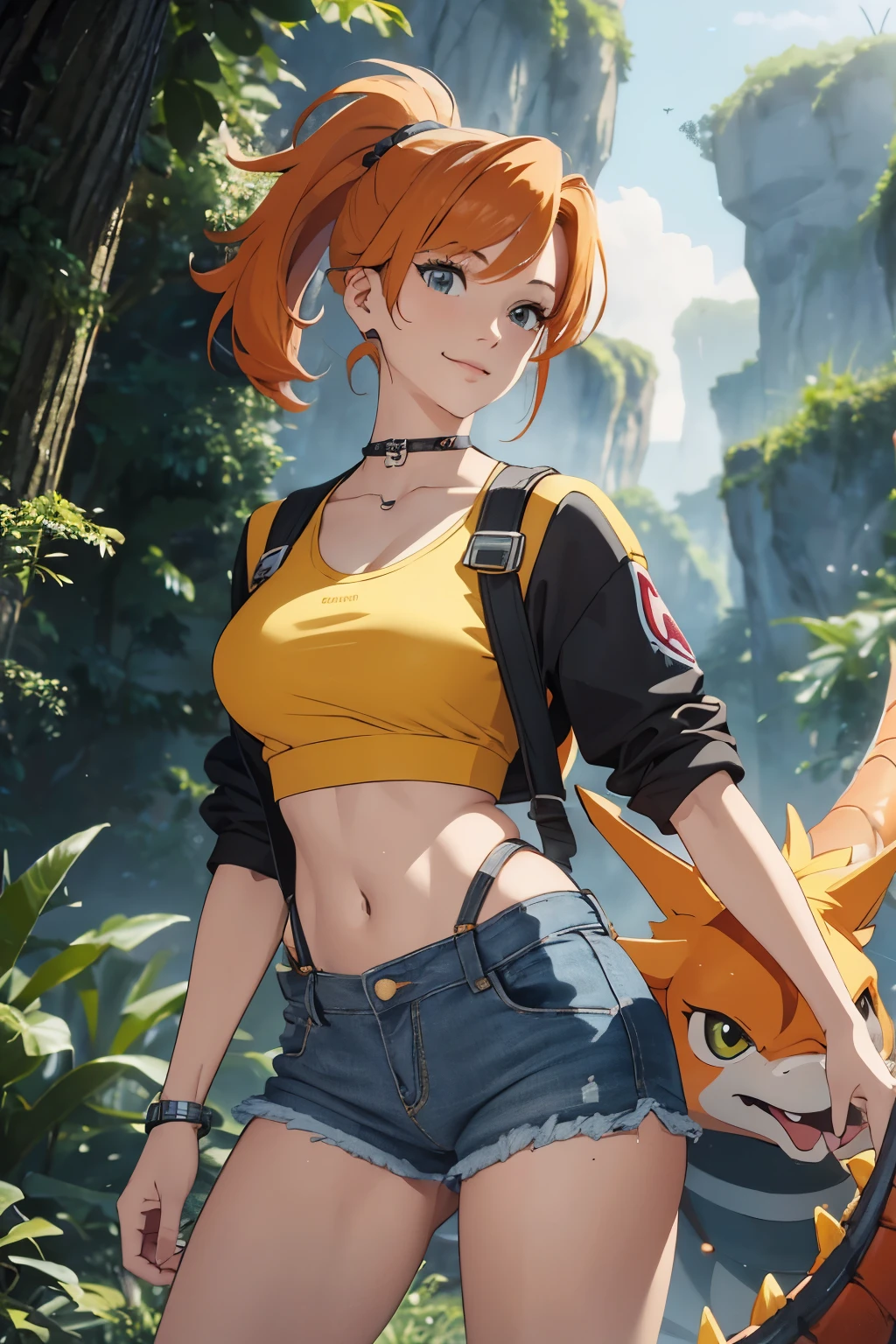 The centerpiece of the image is Misty from Pokémon, standing outdoors with a confident smile. Orange hair styled in a side ponytail, wearing denim shorts with suspenders, yellow crop top that shows off her midriff and navel. Yellow tank top. Cowboy shot posture exudes confidence and strength.
Misty is accompanied by a cute Dragon.
Overall, the image is a masterpiece, with high-quality details and a realistic rendering of Misty, her outfit, and her companion dragon. The colors are vivid and eye-catching, and the image is high-resolution, capturing every nuance of Misty's confident and adventurous spirit.