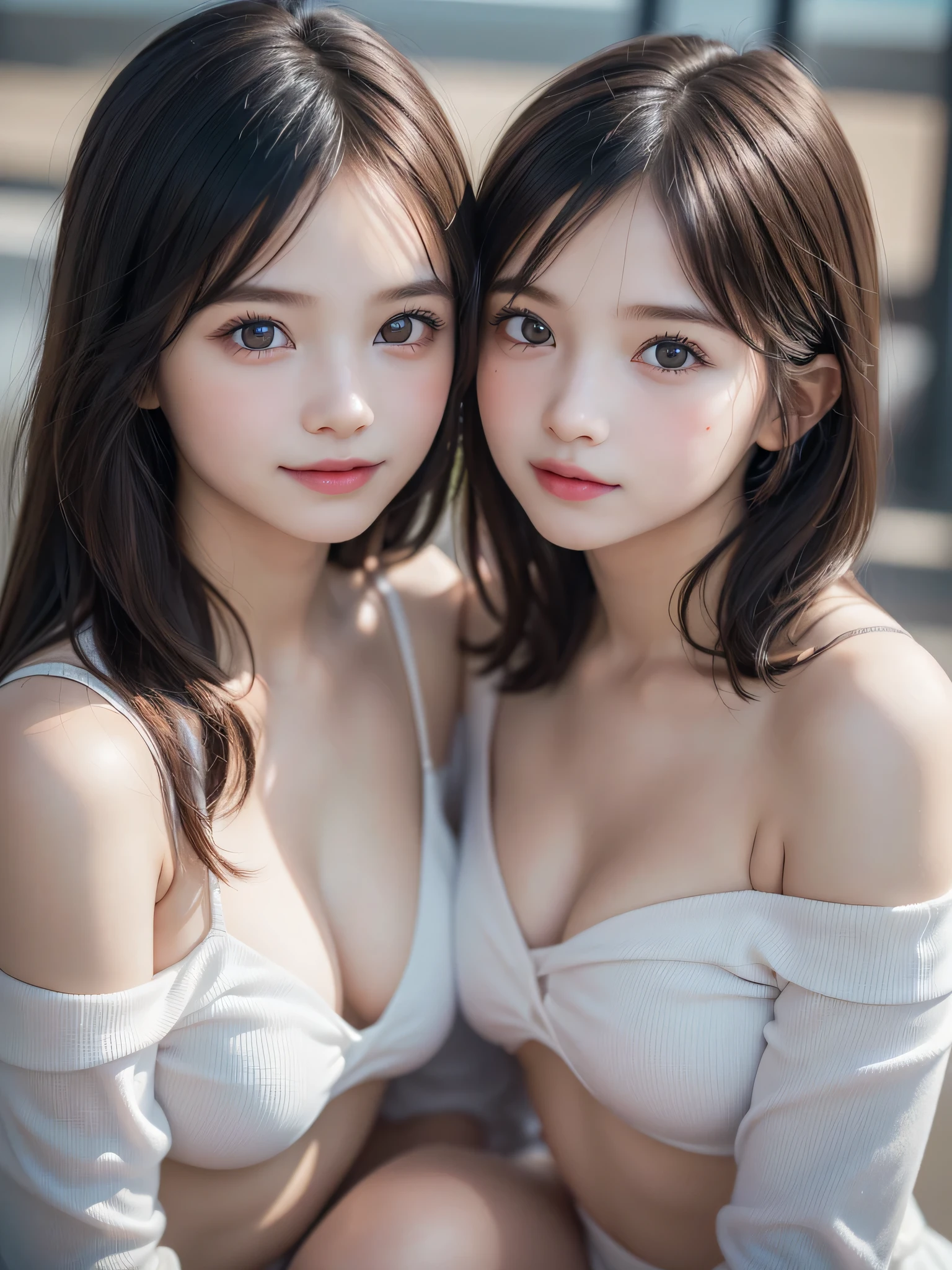 ((2 s:1.3)), (Ultra Realistic, hight resolution), (Highly detailed eyes, Highly detailed hair, Highly detailed face, Highly detailed plump lips), (off shoulder with open breasts), breasts, Upper body, Search Smile, (Best Quality:1.4), Raw photo, (Realistic, photo-Realistic:1.37), Professional Photography, Cinematic Light, (Fine face: 1.2), (View from above),