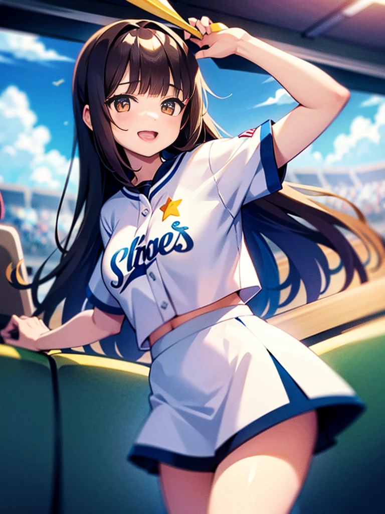 1girl, (solo), mini skirt, (white panties),
((Blunt bangs)), brown hair, brown eyes, long straight hair, ((silver-star-hairpin on her right bang)), blue baseball uniform, Left Wing Seats at the baseball stadium, with flag, cheering, full house, huge smile,
masutepiece, ultra-detailliert, best quality, other customers,