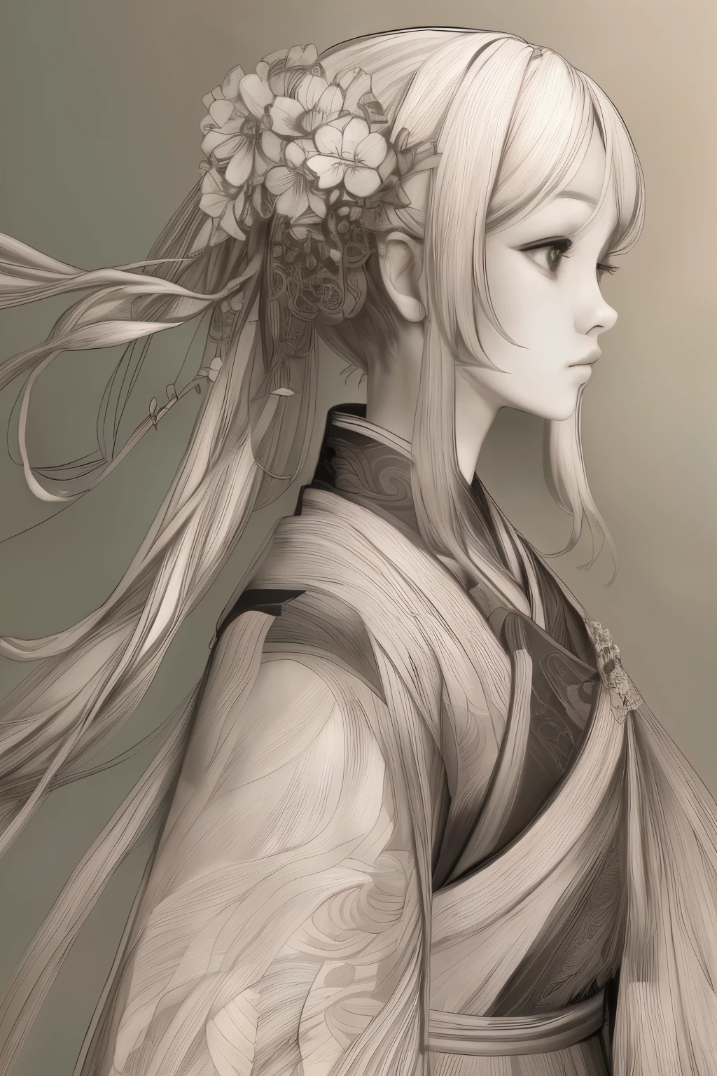 A picture of a woman with long hair，A flower stuck in his hair, 美丽的line art, clean line art, perfect line art, line art behance hd, extremely fine ink line art, 精美的line art, hyper 详细的line art, intricate line art, line art, 详细的line art, bold line art, flowing hair and long robes