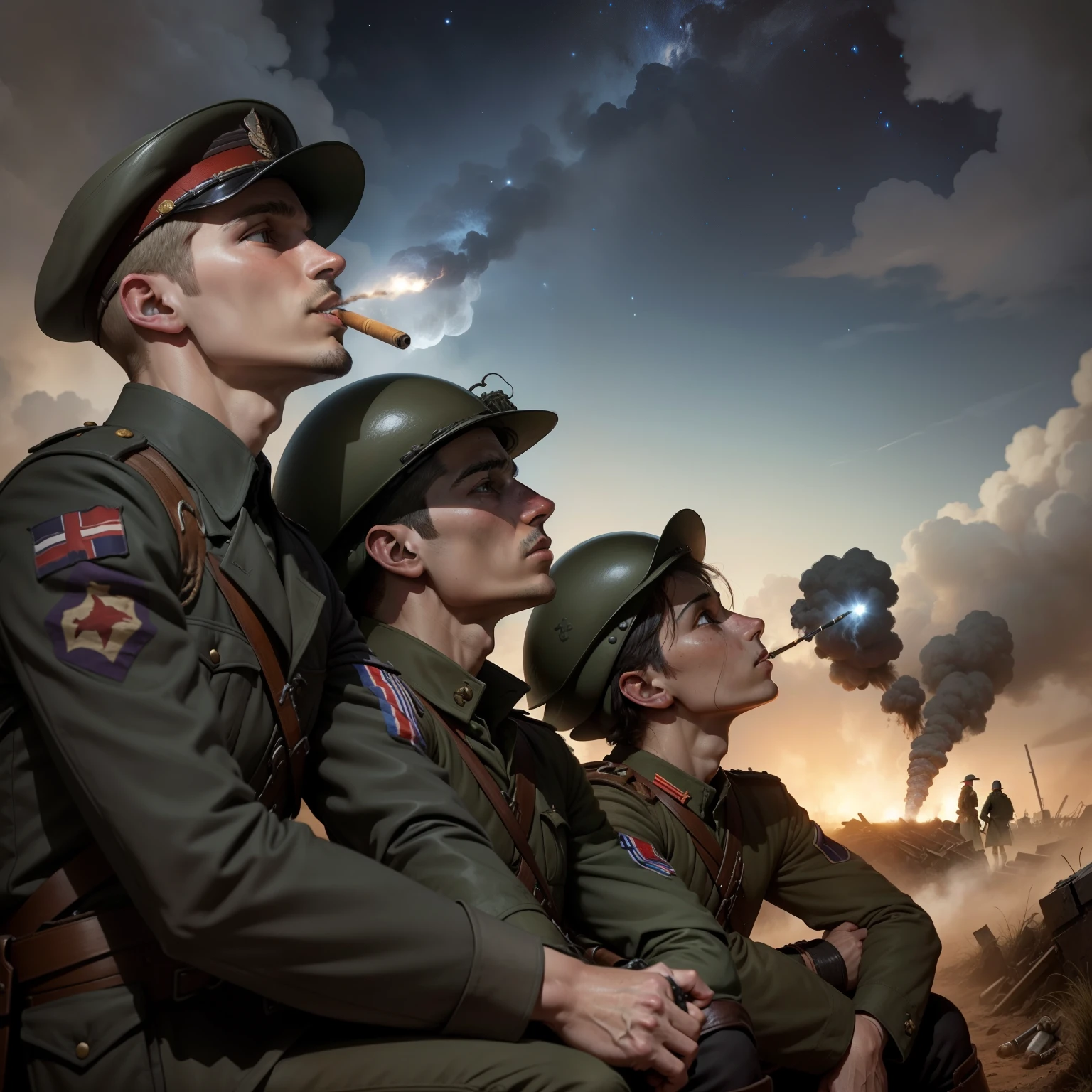 A large group of soldiers, next to a general who was somewhat close to a soldier, lightly grabbing the general&#39;s arm, quite scared, watching from a distance as missiles fell outside their military base while it was nighttime, with snipers nearby