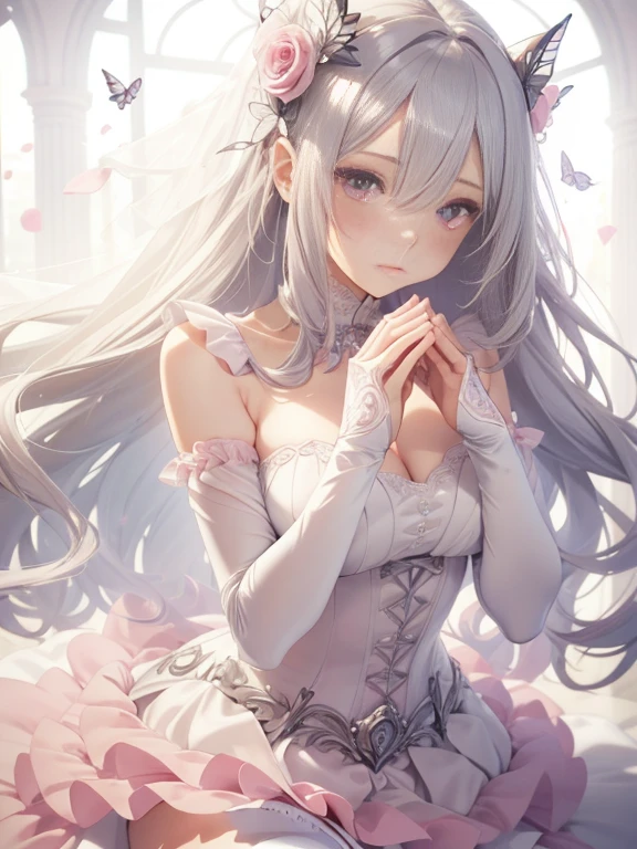 silber hair,butterflys,Long grey hair,Light pink wedding dresses,8k wallpaper,detailedbackground,Highest high resolution,Deep V Big,Hair covering one eye,Bandeau Wedding Dress,chies,white roses and pale pink roses,tight fitted,Stockings,(((perfect and cute hands)))