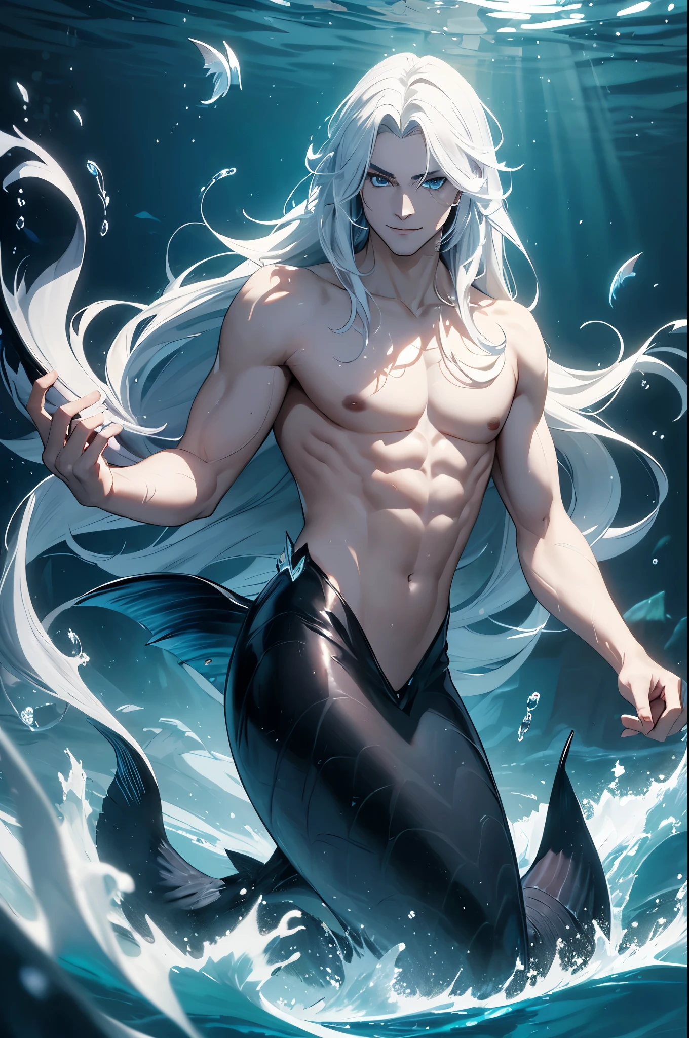 masterpiece, attractive, elegant, beautiful, ((merman)) with ((black fish tail)), (white long hair), (dark blue eyes), perfect face, light evil smile, webbed hands, ((under the water)). Deep sea. Fish swimming in the background. Dark omnious scene. HD