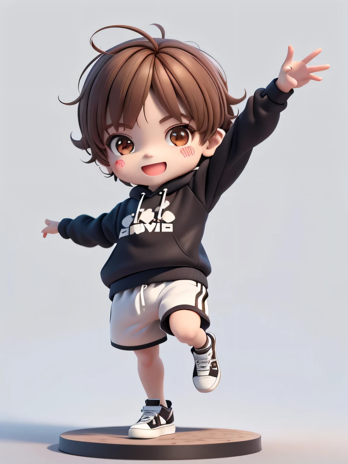 (Masterpiece), (Best Quality), (Ultra Detailed), (Full Body: 1.2), A Boy, Chibi, Cute, Smile, Open Mouth, Dancing, Dancing Hip Hop, Jumping Pose, Hoodie, Blush, Shirt, Short Hair, Brown Hair, Blush Stripe Sticker, Long Sleeves, Brunette Hair, Sneakers, Pants, 3D Clay Rendering, White Background, (Beautiful Detailed Face), (Beautiful Detail Eyes),