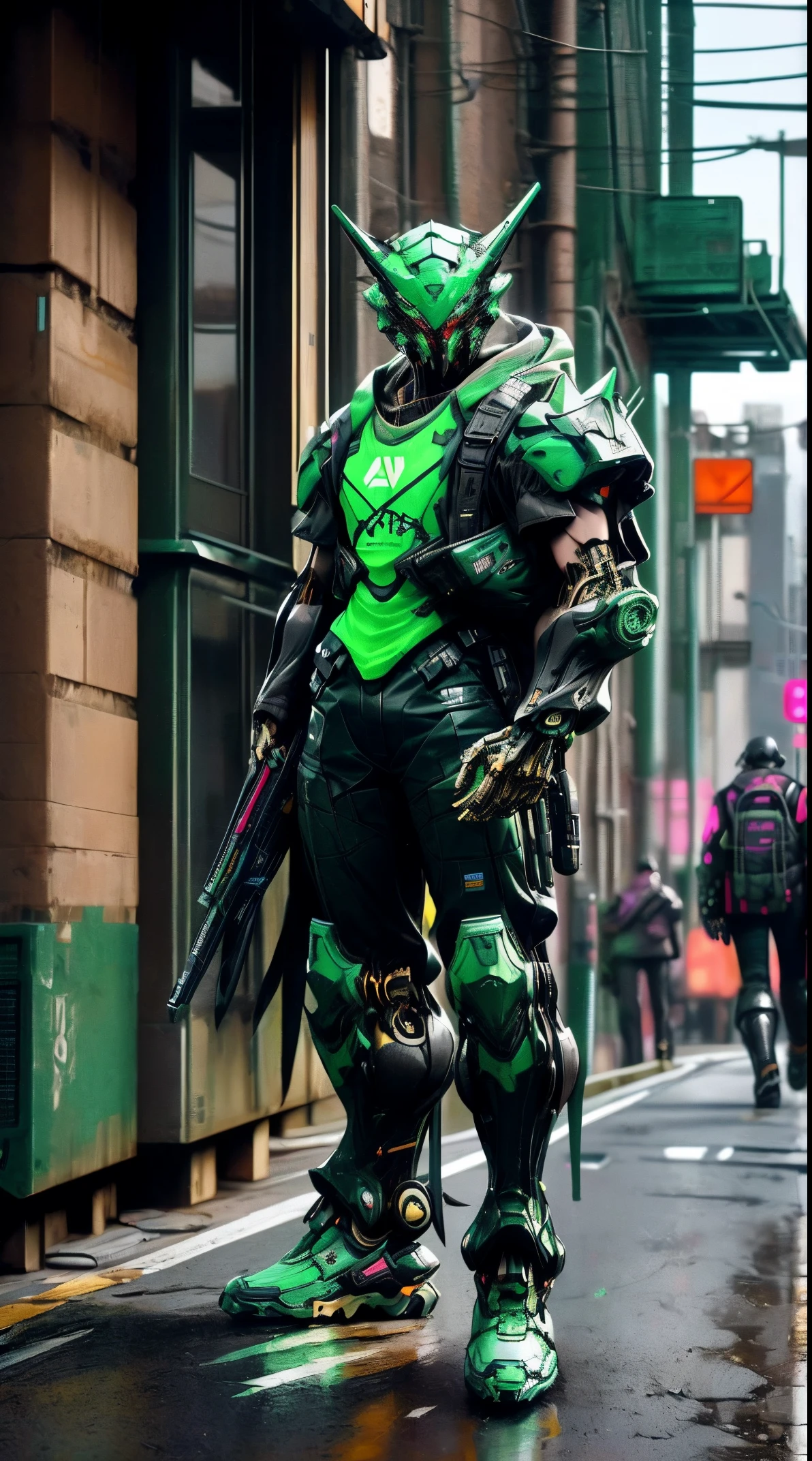 there is a man in a black and green outfit with a backpack, cyberpunk streetwear, cyberpunk suit, cyberpunk street goon, cyberpunk wearing, cyberpunk techwear, muted cyberpunk style, has cyberpunk style, style of cyberpunk, wearing cyberpunk streetwear, cyberpunk soldier, hyper-realistic cyberpunk style, cyberpunk character design, all black cyberpunk clothes, crow in cyber armour, cyberpunk clothes