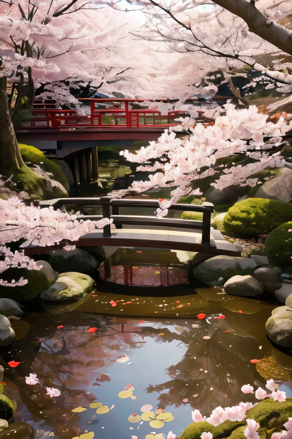 (best quality,4k,8k,highres,masterpiece:1.2), ultra-detailed, (realistic,photorealistic,photo-realistic:1.37), Japanese woman,gorgeous,photo-realistic beauty,traditional kimono,ornate Obi belt,detailed floral patterns,geisha-like makeup,dark kohl-rimmed eyes,full red lips,porcelain skin,black shiny hair,peaceful Japanese garden,highly detailed cherry blossoms,shimmering koi fish in a pond,traditional wooden bridge,soft golden sunlight filtering through the trees,vibrant colors,subtle color gradients,impeccable attention to lighting and shadow,serene atmosphere.