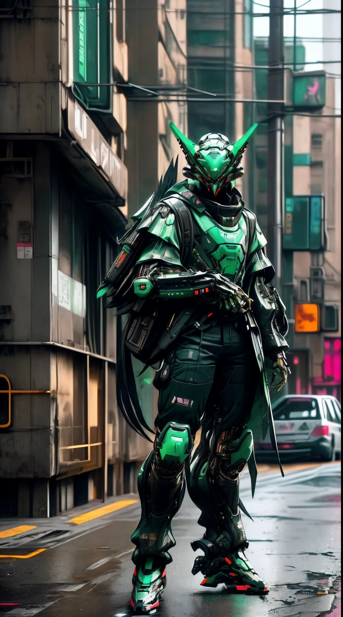 there is a man in a black and green outfit with a backpack, cyberpunk streetwear, cyberpunk suit, cyberpunk street goon, cyberpunk wearing, cyberpunk techwear, muted cyberpunk style, has cyberpunk style, style of cyberpunk, wearing cyberpunk streetwear, cyberpunk soldier, hyper-realistic cyberpunk style, cyberpunk character design, all black cyberpunk clothes, crow in cyber armour, cyberpunk clothes