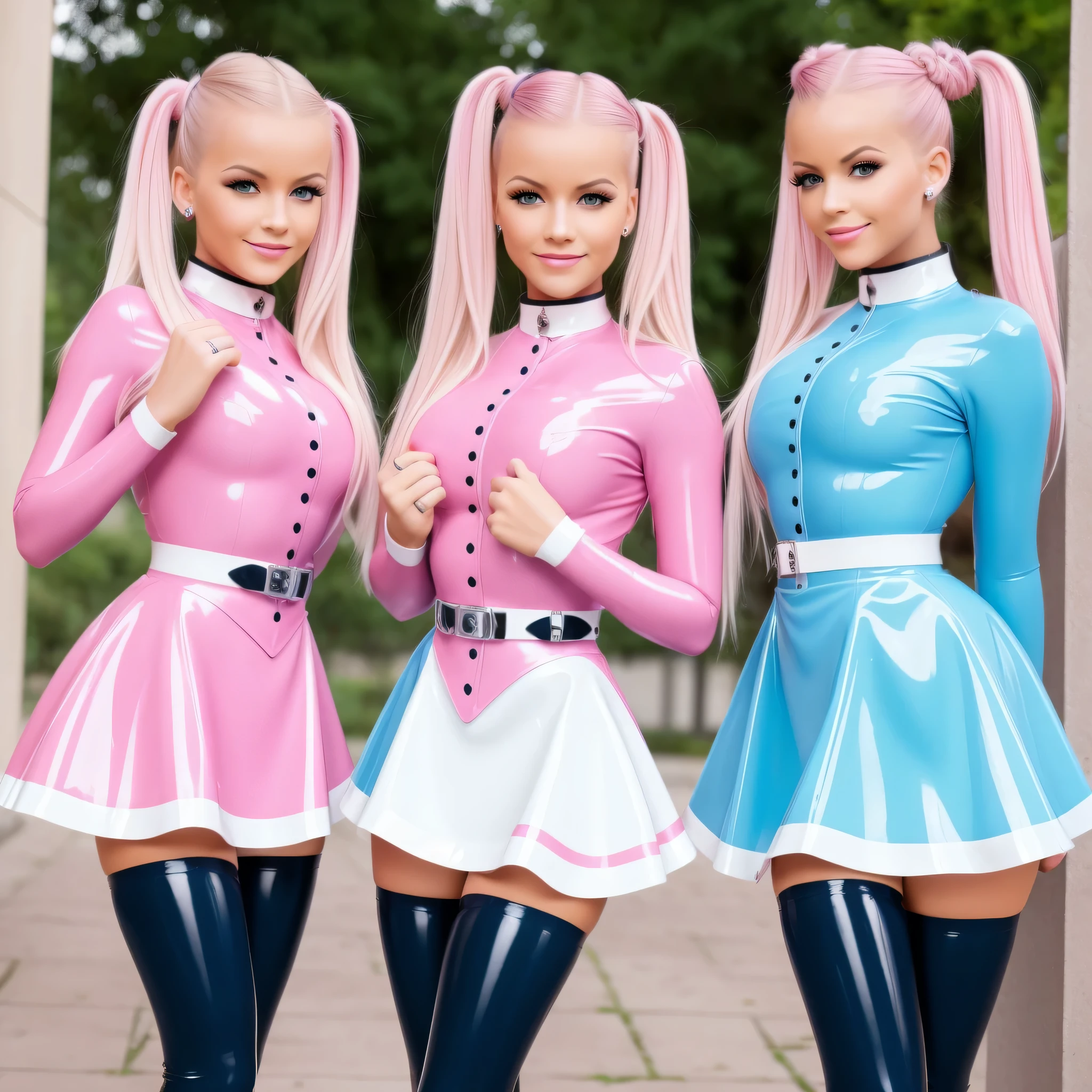 ((best quality)), ((Meisterwerk)), (Detailliert), Perfektes Gesicht, Gorgeous twin girls,blondes Haar,Space Buns, pink blue Latexbluse, pink Latex blouse buttoned up, white Latex Bluse detailliert, shiny light blue latex skirt, shiny pink latex stockings, Red Shiny Lacquer PVC Shoes, Perfektes Gesicht,Detaillierte Augen, Detaillierte Lippen, Detailed hands, lange Wimpern, vollbusig, niedlich, portrait, hight resolution, realistisch, Studiobeleuchtung, Lebendige Farben