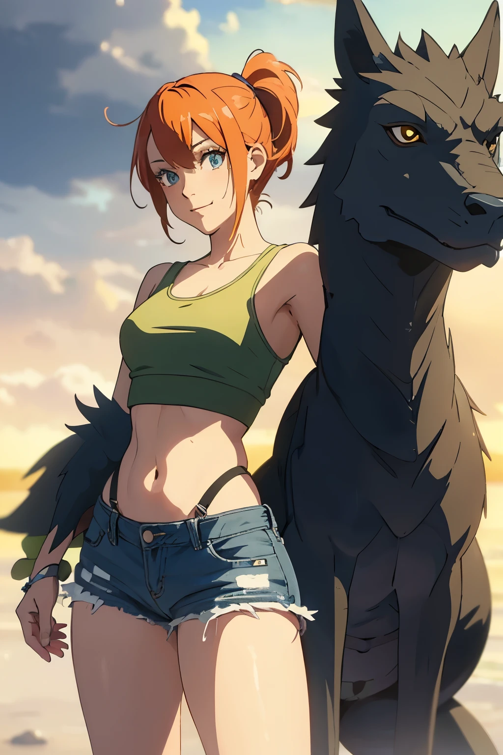 The centerpiece of the image is Misty from Pokémon, standing outdoors with a confident smile. Orange hair styled in a side ponytail, wearing denim shorts with suspenders, yellow crop top that shows off her midriff and navel. Yellow tank top. Cowboy shot posture exudes confidence and strength.

Misty is accompanied by a cute Dragon.

Overall, the image is a masterpiece, with high-quality details and a realistic rendering of Misty, her outfit, and her companion dragon. The colors are vivid and eye-catching, and the image is high-resolution, capturing every nuance of Misty's confident and adventurous spirit.