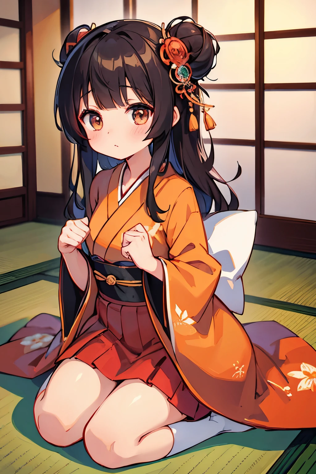 One girl、A dark-haired、hime-cut、cute little、small tits、masterpiece、top-quality、Top image quality、kimono、Tatami mats、traditional Japanese room、Seiza