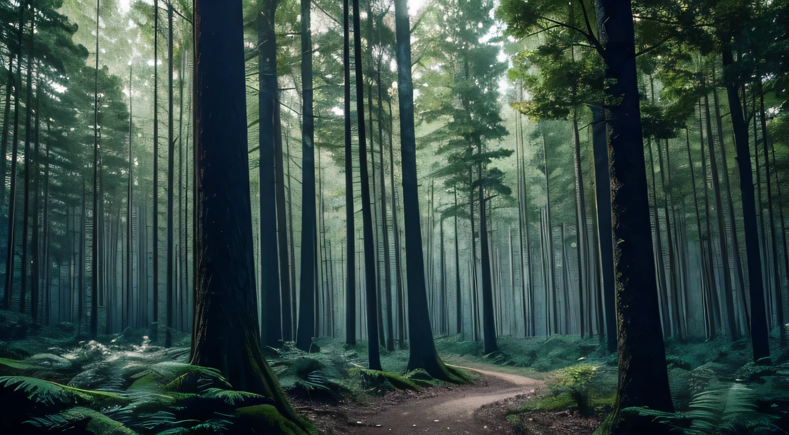 Dense forest with many trees, aspecto sombrio, .RAW, cinemactic, obra-prima, Ambiente noturno e macabro, predominant blue coloration, , 4k, ultra-detalhadoforest lots of tree green leafes, kodak 400,realistic,dark forest,photo,dark