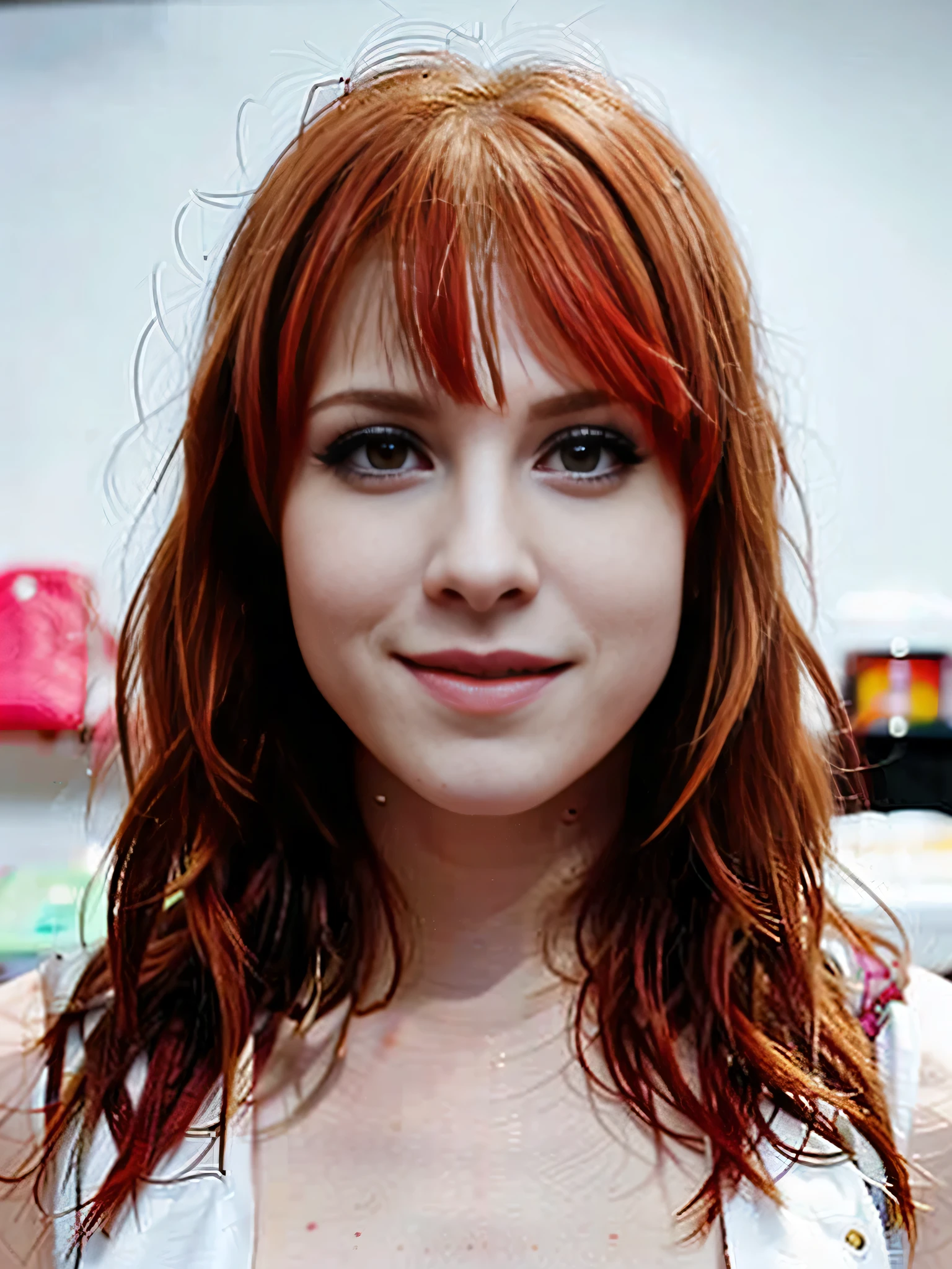 close up photo hayley williams, looking at viewer, make-up, straight hair, avril lavigne