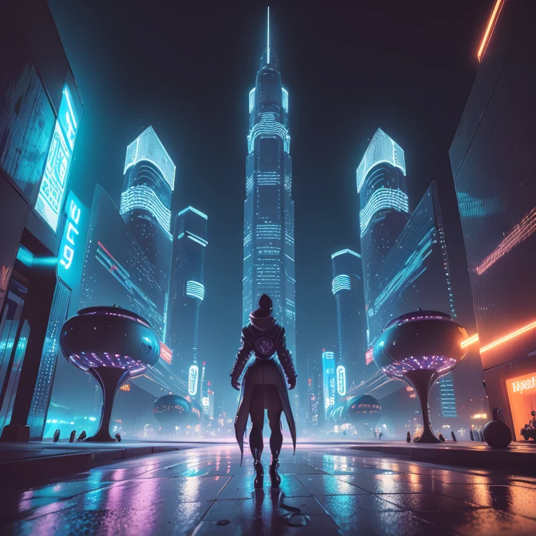 a futuristic cityscape at night, with towering buildings illuminated by vibrant neon lights, reflecting on a glassy surface (best quality,4k,8k,highres,masterpiece:1.2), ultra-detailed, HDR, with a cyberpunk aesthetic, showcasing a mix of architectural styles and holographic displays, bustling with flying cars and hoverboards, surrounded by a dark, mysterious atmosphere, with a slight hint of fog and rain, creating a surreal and immersive environment with a cinematic feel.