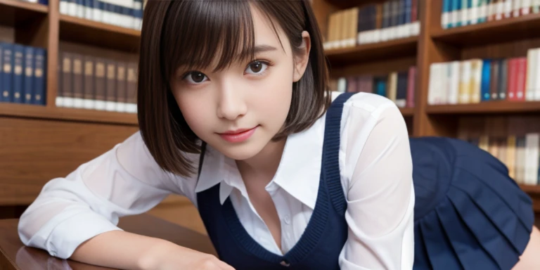 nsfw, 1girl, solo focus, masterpiece, Best Quality, 8K, hight resolution, extremely detailed girl, extremely detailed beautiful face, Beautiful skin, shiny skin, side view, looking at viewer, face focus, , japanese, upper body, smile, (lying:1.3), medium breasts, (cleavage), school uniform, (white collared shirt), dark blue pleated skirt, brown hair, short hair, indoors, library, chromatic abberation, Sharp Focus, face lights,