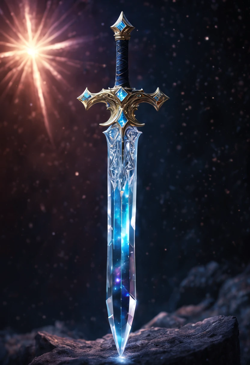 Exquisite detailed sword art, digital illustration of a jeweled crystal sword made of beautiful light, in the cosmos and stars, 8k resolution, dark fantasy, masterpiece, breathtaking intricate details, hyper detailed, hyperrealistic, photorealistic, dramatic natural lighting, reflective catchlights, high quality fine art