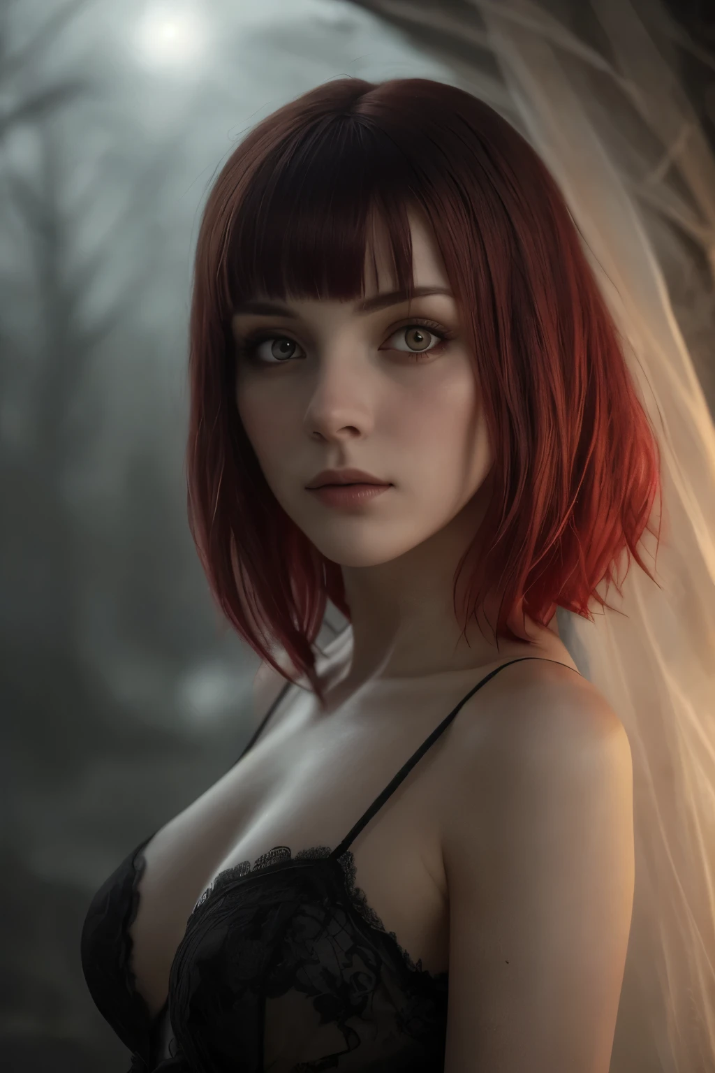 (Realisttic:1.2), analog photo style, cute woman with short black hair and red bangs, red eyes, (Gloomy and dark atmosphere), soft natural light, faded colours, sexy, pleasure, great quality, Masterpiece, detailed fantasy background, better performance, 16k quality, HDR, RAW photo