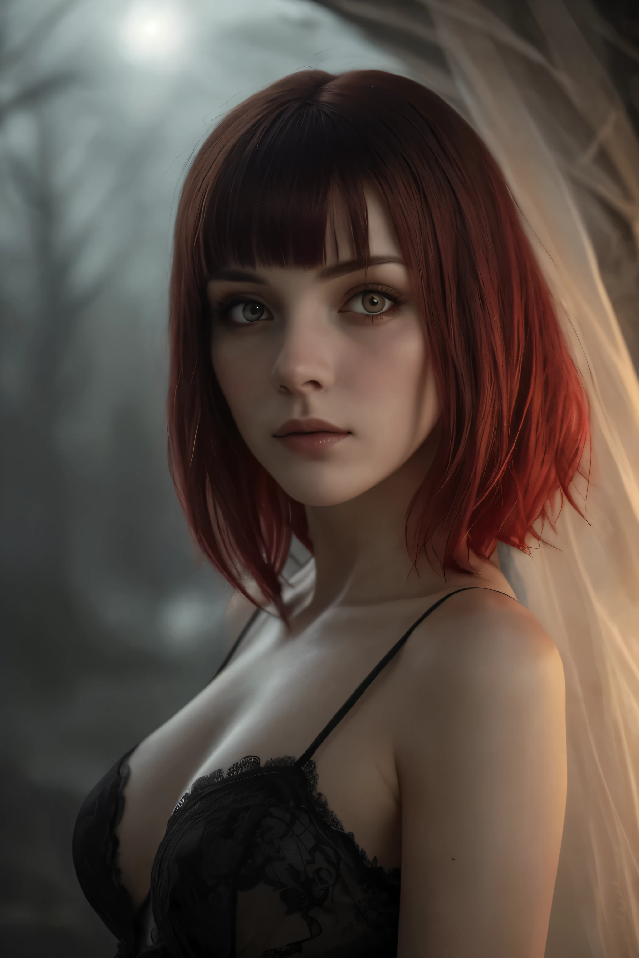 (realisti:1.2), Analog Photography Style, cute woman with short black hair and red bangs, red eyes, (gloomy and dark atmosphere), soft natural lighting, Faded colors, Sexy, pleasure, great quality, Masterpiece, Detailed fantasy backstory, Better Performance, 16k quality, HDR, RAW photo