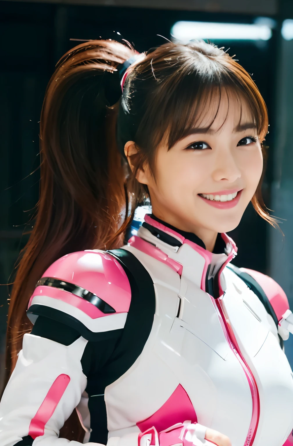 (ultra best quality、8K、masuter piece、delicate illustration)、(futuristic pink and white hero suit) 、（Very plump body 1.1、Super Big 1.1）、smiling at the viewer、Ponytail with black hair（With cage）、ancient battlefields of japan、sexypose