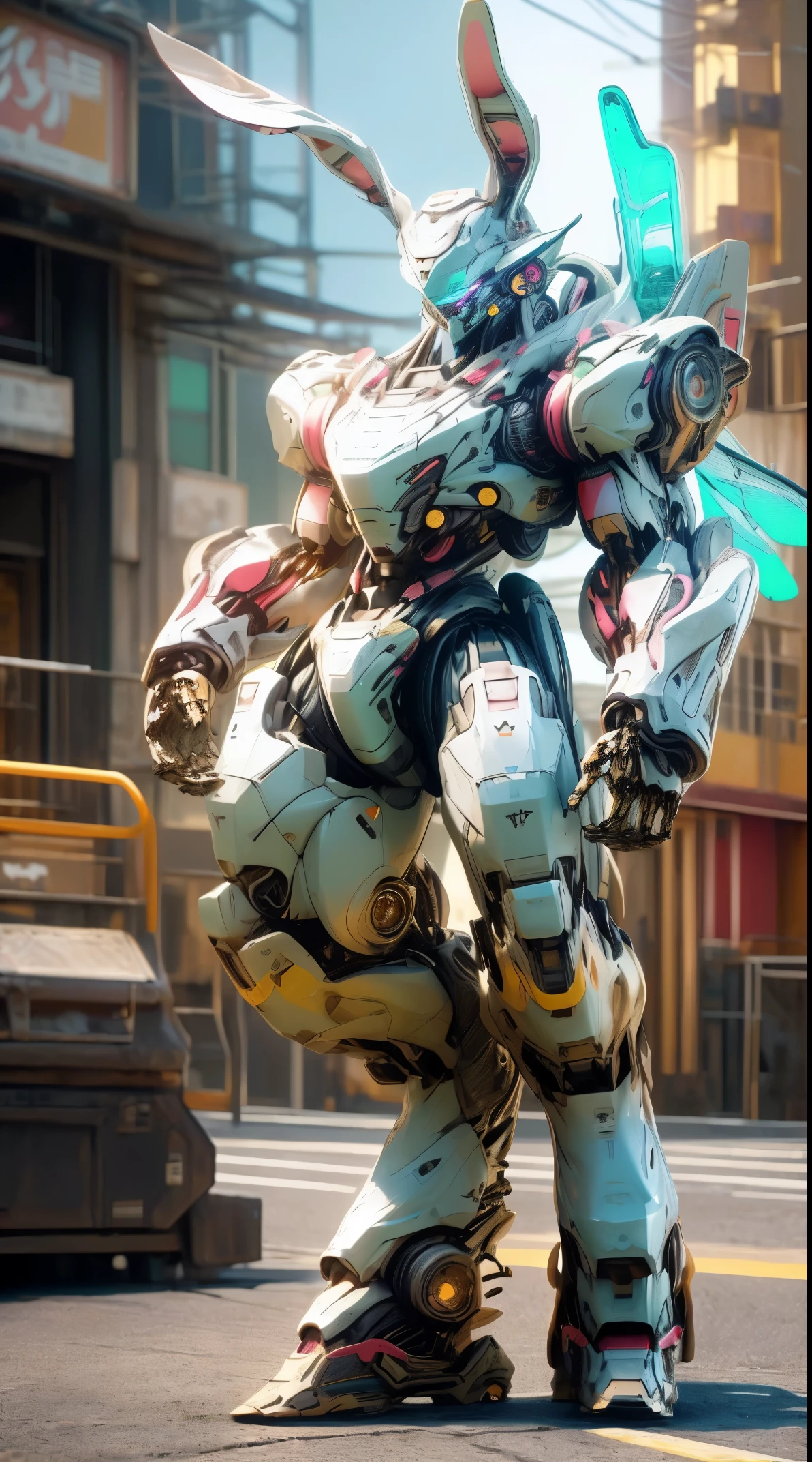 (wide wide shot)，(Best quality,A high resolution,Masterpiece:1.2),(Realistic,Photorealistic,photo-realistic:1.37),[(The futuristic cyborg has huge wings)],(Rabbit earechanical joints and limbootwear),Metallic。nigth,(Facing the lens，Central symmetry)，standing on your feet，No man's street。Vibrant colors,Light trails and neon lights in the background,Science fiction art style.