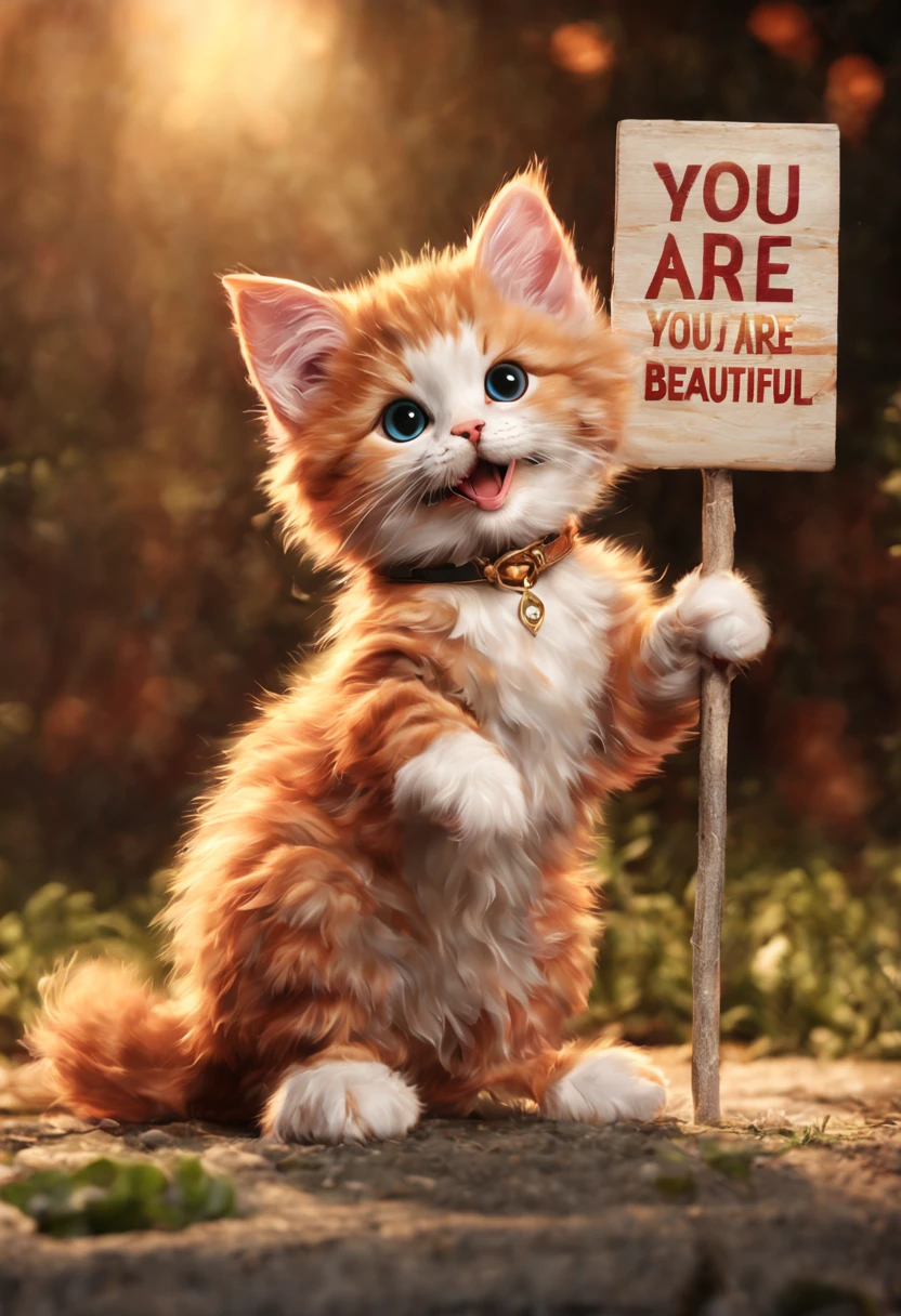 Cute Kitten (with a sign """""YOU ARE BEAUTIFUL": 1.9)""""", detailed matte painting, deep color, fantastical, intricate detail, splash screen, complementary colors, fantasy concept art, 8k resolution trending on Artstation Unreal Engine 5
