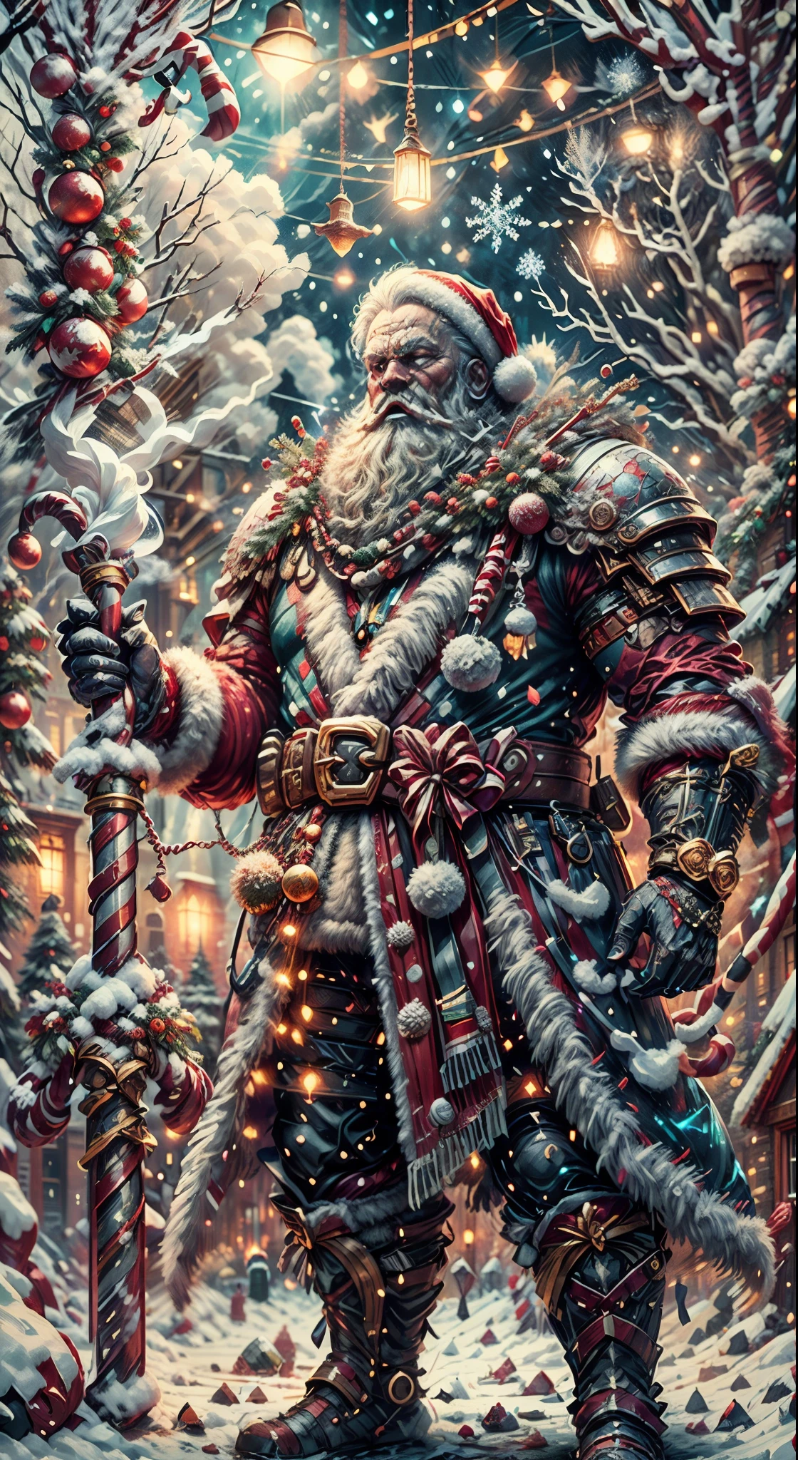 (best quality,4k,8k,highres,masterpiece:1.2),ultra-detailed,(realistic,photorealistic,photo-realistic:1.37),Santa Claus as a boss of the game Dark Soul in the Christmas DLC, (muscular), (holding a giant candy cane), Santa suit mixed with fantasy Dark Soul armor, detailed face with a long white beard, intense eyes glowing with a magical light, sinister smile, realistic shadows and highlights, eerie dark ambiance, vibrant colors, intricate details on the armor, unique combination of Christmas and dark fantasy elements, captivating and dynamic composition, epic and intimidating presence, glowing runes on the armor, intricate ornaments on the Christmas tree, ethereal glow surrounding Santa Claus, majestic and powerful, ready to bring joy and despair to the game's players,,surrounded by a snowy landscape,with large icicles hanging from the environment,casting a golden aura,[epic battle scene],intense fire and smoke effects,[vivid colorokeh],blue and white color scheme with hints of gold, dramatic lighting with warm highlights and cool shadows.