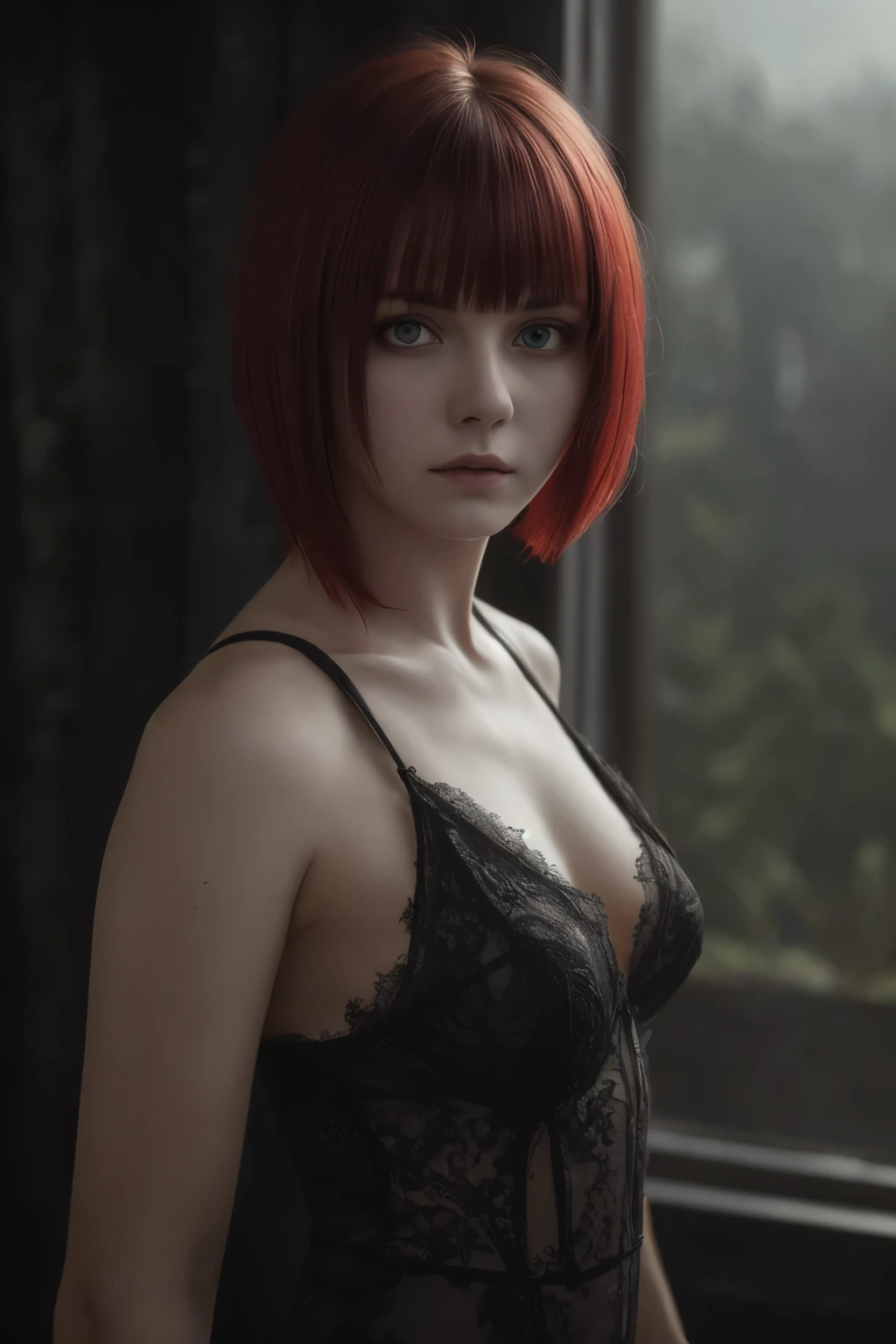 (Realisttic:1.2), analog photo style, cute woman with short black hair and red bangs, red eyes, (Gloomy and dark atmosphere), soft natural light, faded colours, sexy, pleasure, great quality, Masterpiece, detailed fantasy background, better performance, 16k quality, HDR, RAW photo