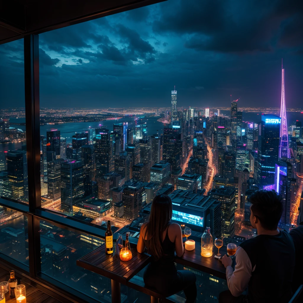 Bar balcony atop a skyscraper with a dystopian metropolis in the background, neon lights, breathtaking view