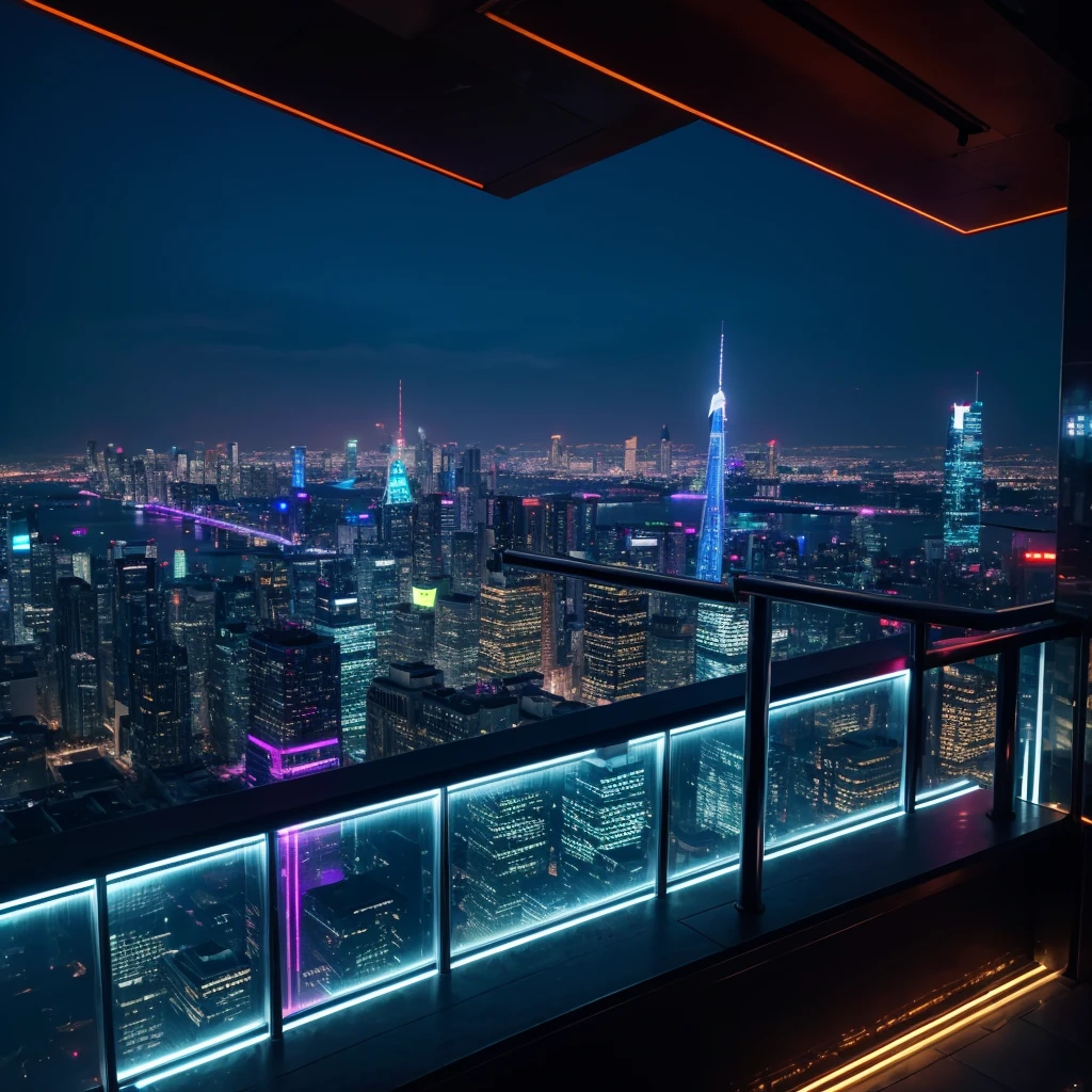 Bar balcony atop a skyscraper with a dystopian metropolis in the background, neon lights, breathtaking view