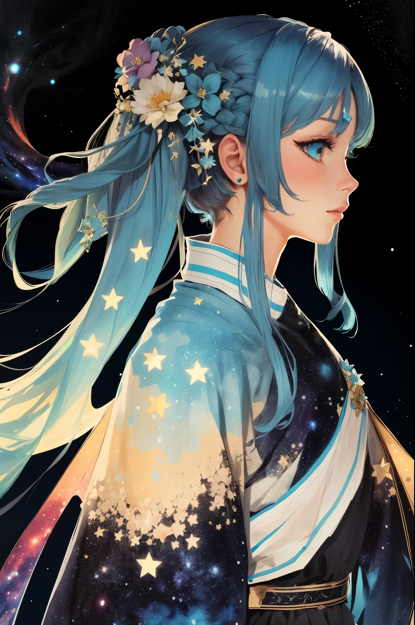 A girl with rainbow-colored hair,s the perfect face,A flower stuck in his hair,Exquisite cyan dress armor, cosmic nebula background, As estrelas, galaxias, Complicated details,
