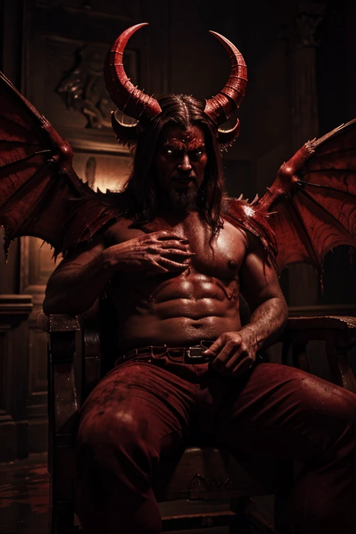the devil, man, bloody red wings, scary wings, dark red horns, fangs, hell background, hell throne in the background, demonish body, monstrous body, in official dress