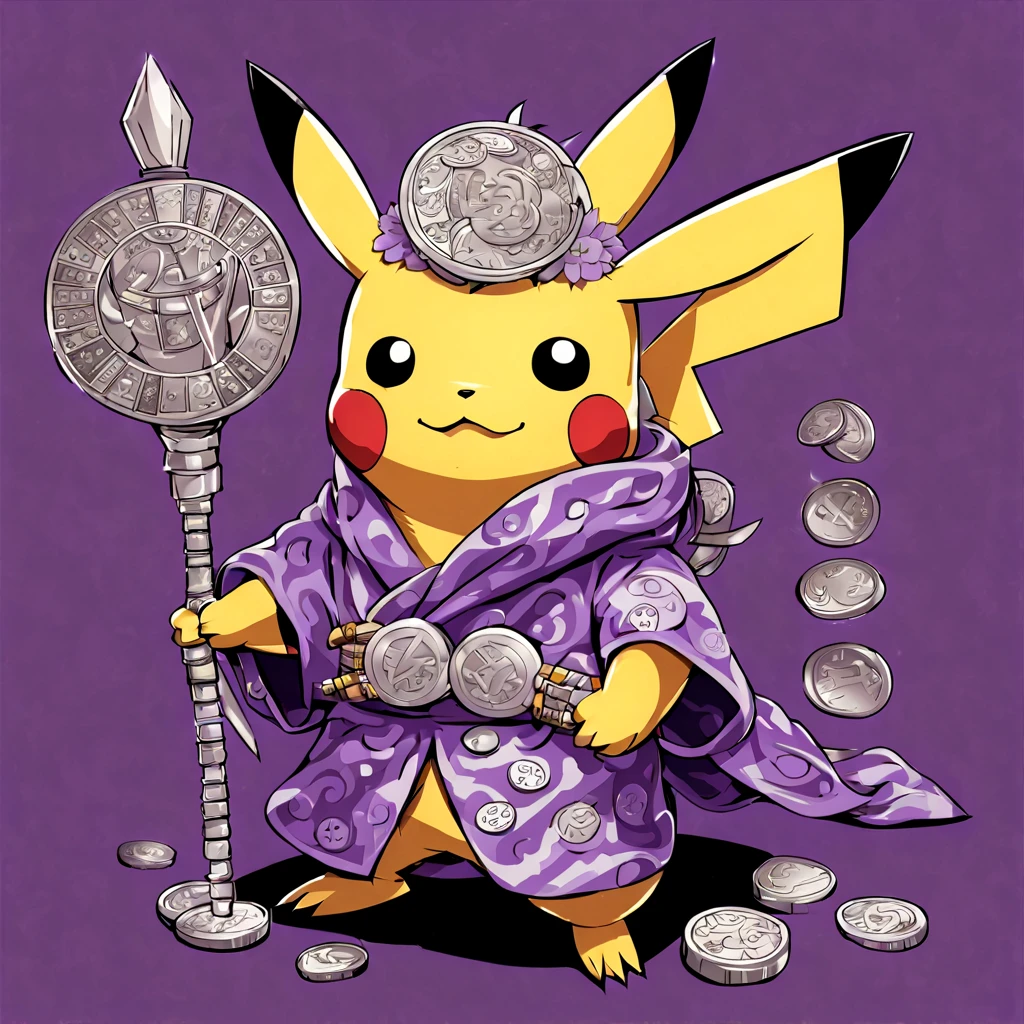 Pikachu covered in silver coin armor and holding a silver and purple abacus staff and dressed in a purple swirly robe, in album anime art styel