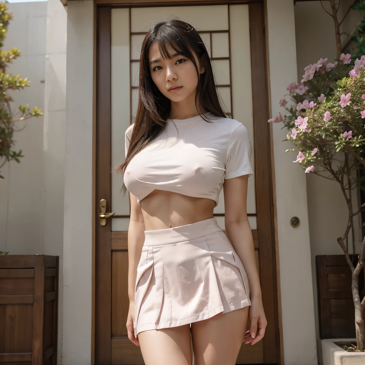 Asian babe with shaved pussy massive breasts small tight japanese outfit with the smallest skirt in the world