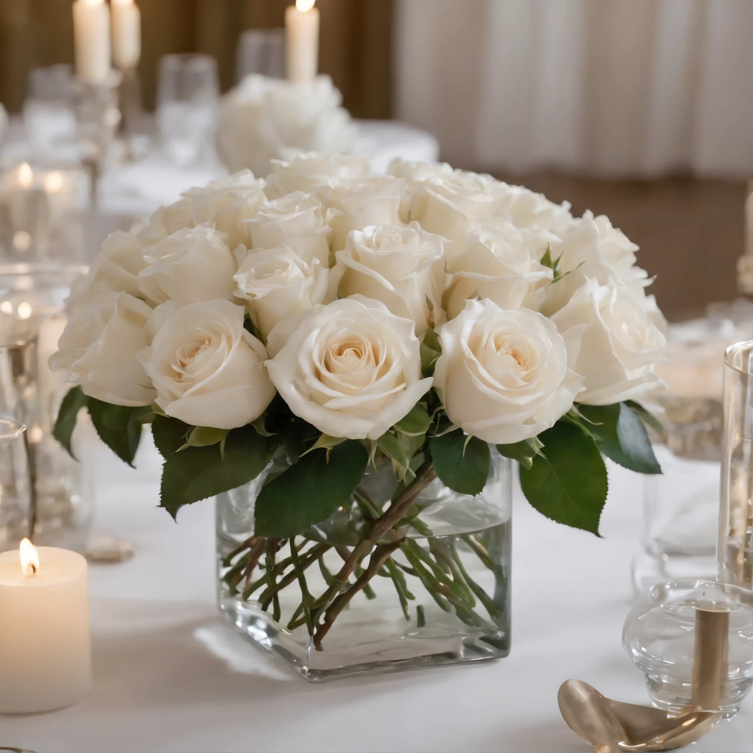 Table centerpiece with white rose arrangements