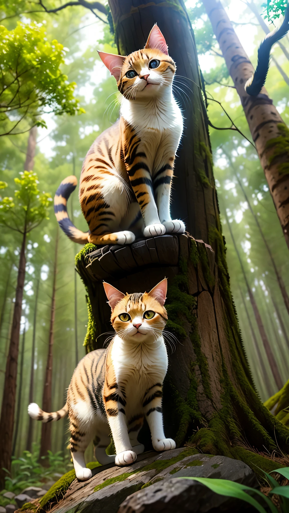 There is a cat standing on a rock next to a tree, Beautiful cat, A Wesome cat, 一只cute little cat, cute little cat, pounce, um Beautiful cat, A W, foto de Beautiful cat, 有史以来最cute little cat, curious expressions, Beautiful cat, Beautiful and beautiful, naughty look, cat in the forest, Cute and cute, cute animal, heel view