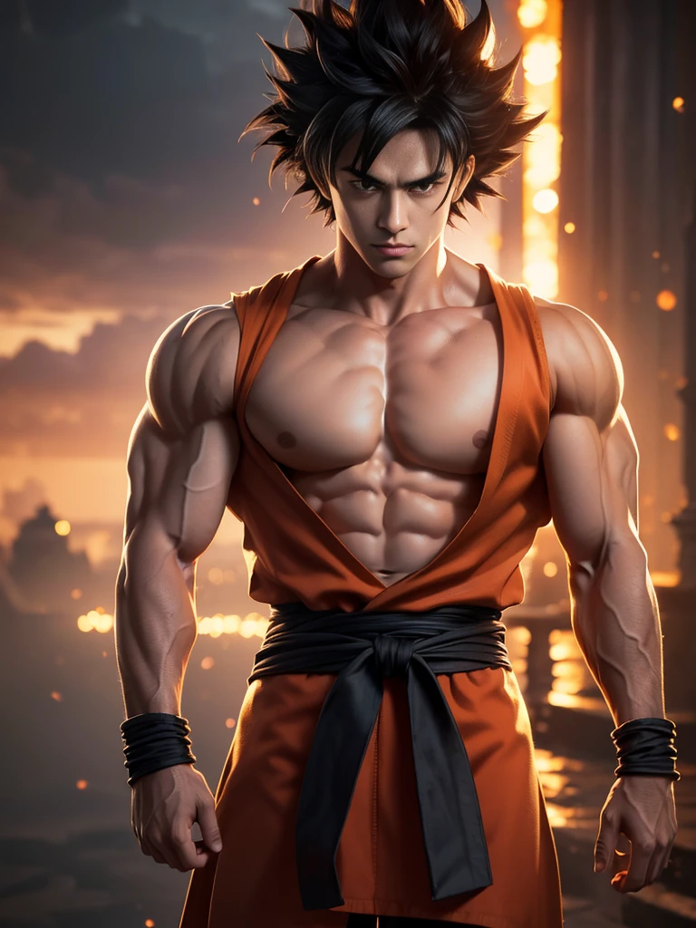 masterpiece, best quality), intricate detail, 8k, art station, wallpaper, official art, splash art, storm in the background, sharp focus, 1boy, (photorealistic:1.2) (bokeh) (best quality) (detail skin:1.3) (intricate detail) (8k) (detailed eyes) (sharp focus) Son Goku , monkey tail ,red shirt, battle damage, black hair, red sash, black eyes, male focus, muscular, muscular man, solo, spiked hair , bracelet,