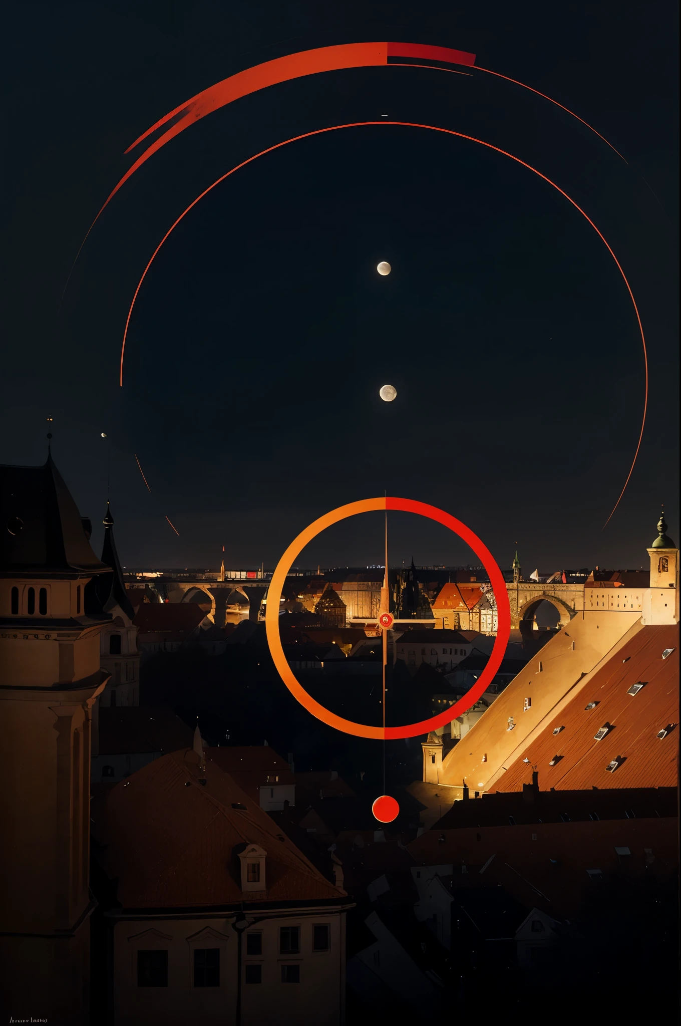 Create a Prague Clock,
at the tip of the larger pointer the drawing of the Sun, at the tip of the smaller pointer the drawing of the Moon, in the larger circle the red color is highlighted. (realistic painting).