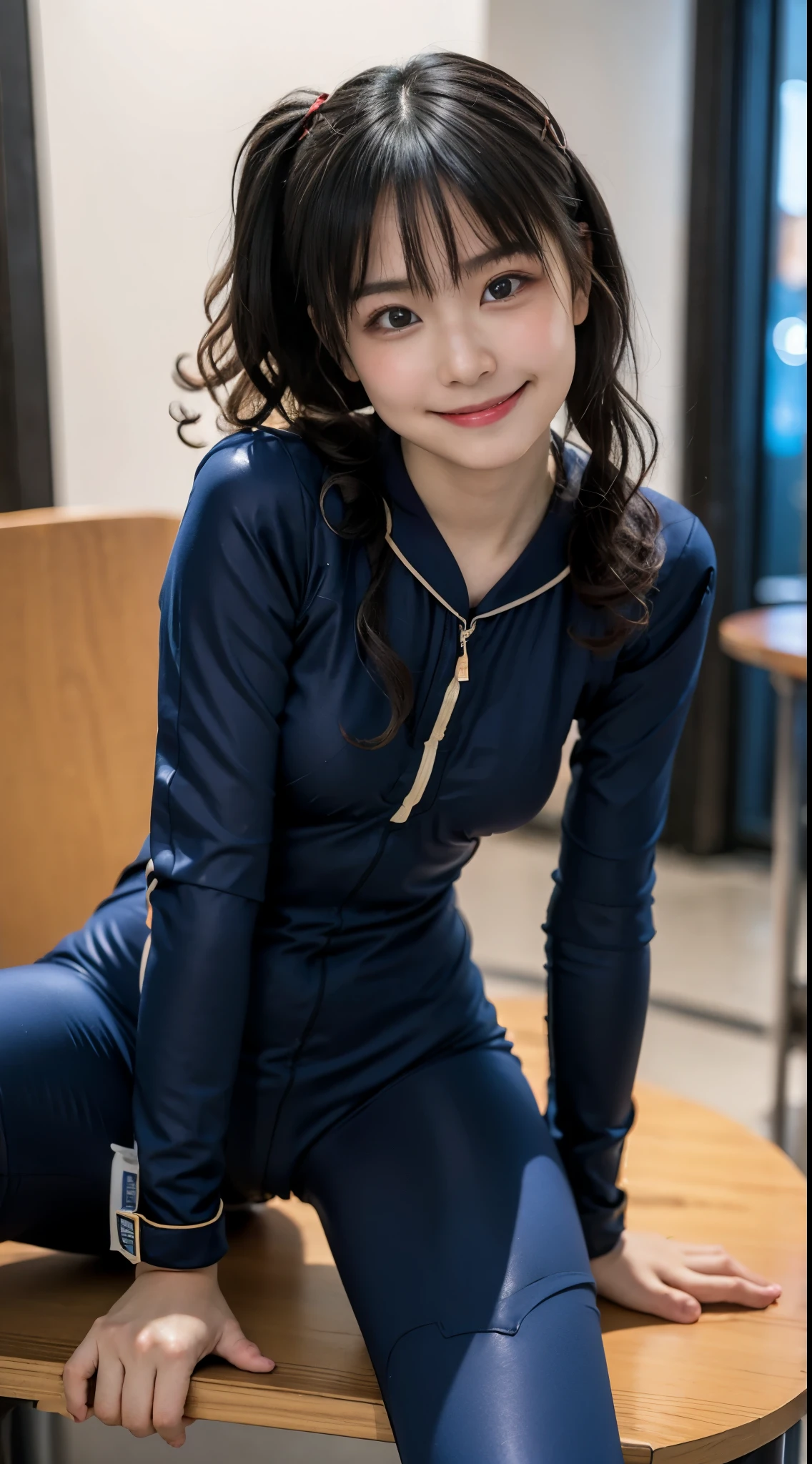 (8K、Raw photography、top-quality、masterpiece:1.2),(Open your legs wide),(A dark-haired、poneyTail、Curly hair:1.5),watching at viewers,Looking at the front,Erotic,de pele branca,(plugsuit:1.7),absurderes,、超A high resolution,,ren,Beautiful fece,(One Person, 独奏,without background:1.5)fullllbody,hi-school girl,A Japanese Lady,is standing,(Photorealsitic:1.37)、Photon mapping,Realistic、(Cute little face: 1.6)、(Cute smile: 1.7)、(with round face: 1.7)、Radio City、Physically Based Rendering、Foreground、depth of field rally background、a picture,beauty legs, Knees are visible,Thigh,Nogizaka Idol, , Japanese ido、大きくて胸がいっぱいの体のa picture、super definition、Sit on a desk and spread your legs