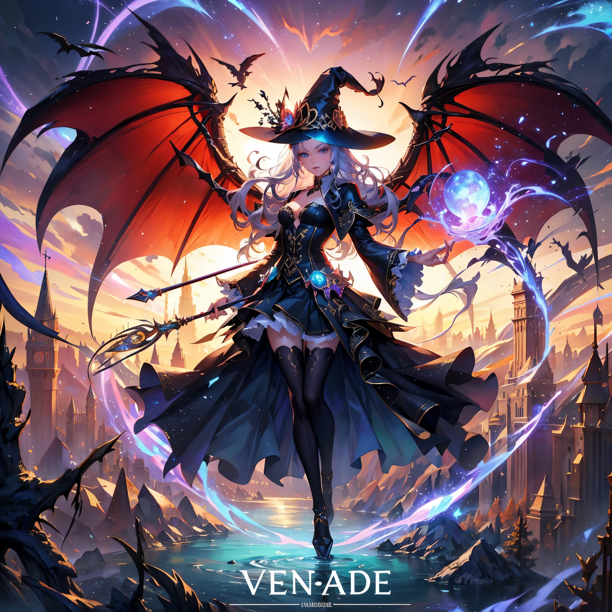 generate a lady name venade, wearing magician outfit with huge succubus wings, while holding a wand, she is a fierce magician who is ready to spell her enemies,she is flying and fighting a dragon in the sky, mountain background, destroyed forest, burned forest, sparkling background, aurora effect, digital effect, glimmering effect, ambient effect, from side masterpiece, best quality:1.2),,(8k,highres,RAW photo,realistic,photo-realistic:1.3),(detailed skin texture,detailed cloth texture,beautiful detailed face:1.25),professional lighting,photon mapping,beautiful soft light,radiosity,physically-based rendering,raytracing, model shoot style, model shoot style, (extremely detailed CG unity 8k wallpaper), full shot body photo of the most beautiful artwork in the world,,