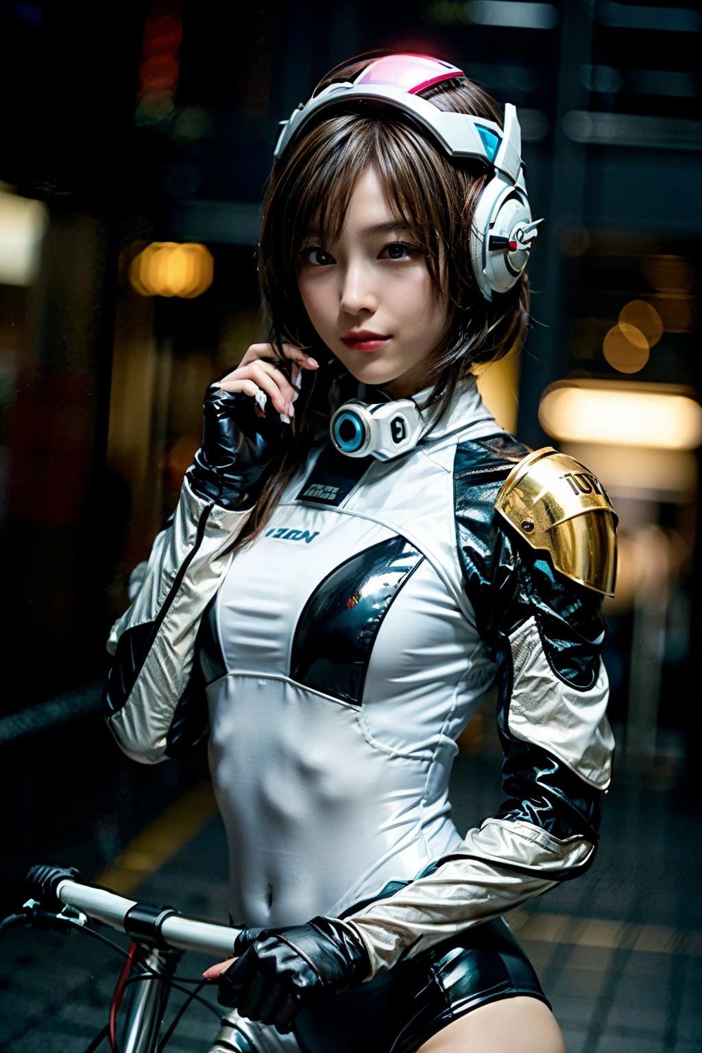 Highest image quality, excellent details, Ultra-high resolution, (fidelity: 1.4), The best illustrations, favor details, Highly condensed 1girl, with a delicate and beautiful face, swim wears、Dressed in a purple and white mecha, Wearing a mecha helmet, holding a directional controller, rides a bike, a small face、the background is a high-tech lighting scene of the futuristic city.