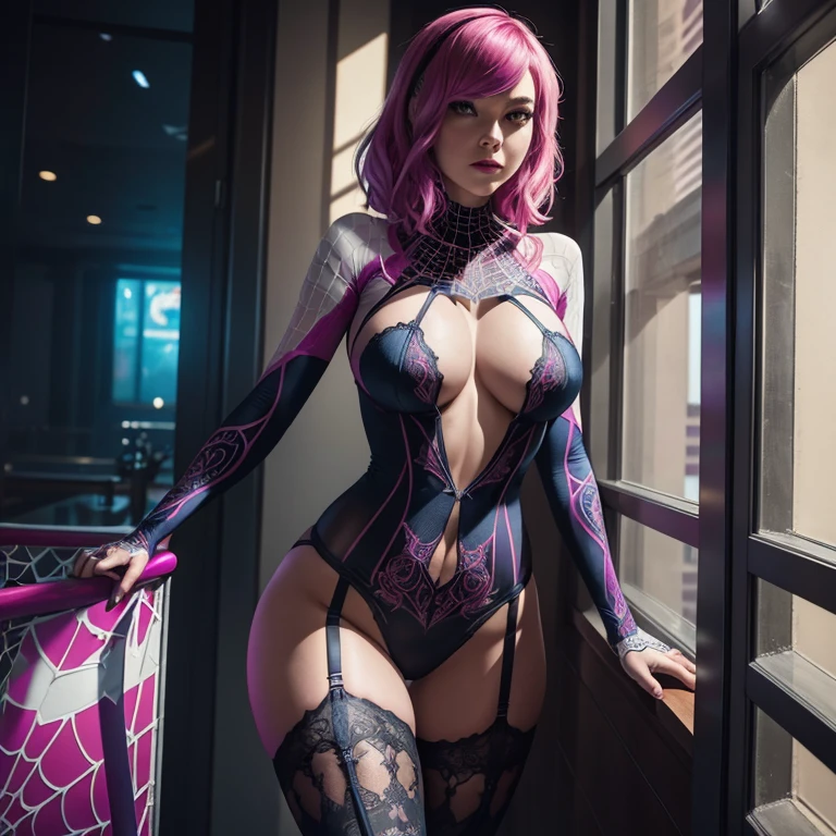 spider-gwen in spider suit, she wearing lingerie and garter stocking under her suit. she has big-hip and big-tits, she is standing. (best quality, masterpiece, colorful, highest detailed) (intricate details, hyperdetailed:1.15)