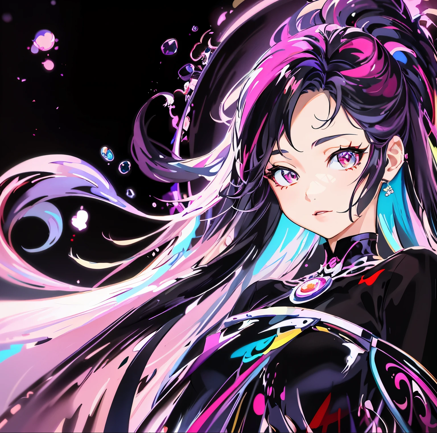 Anime girl with long hair and colorful hair in a black dress, rossdraws pastel vibrant, rossdraws cartoon vibrant, artgerm colorful!!!, inspired by rossdraws, rossdraws 1. 0, artgerm and rossdraws, very detailed Artgerm, :: rossdraws, rossdraws 2. 0, ArtGerm on ArtStation Pixiv