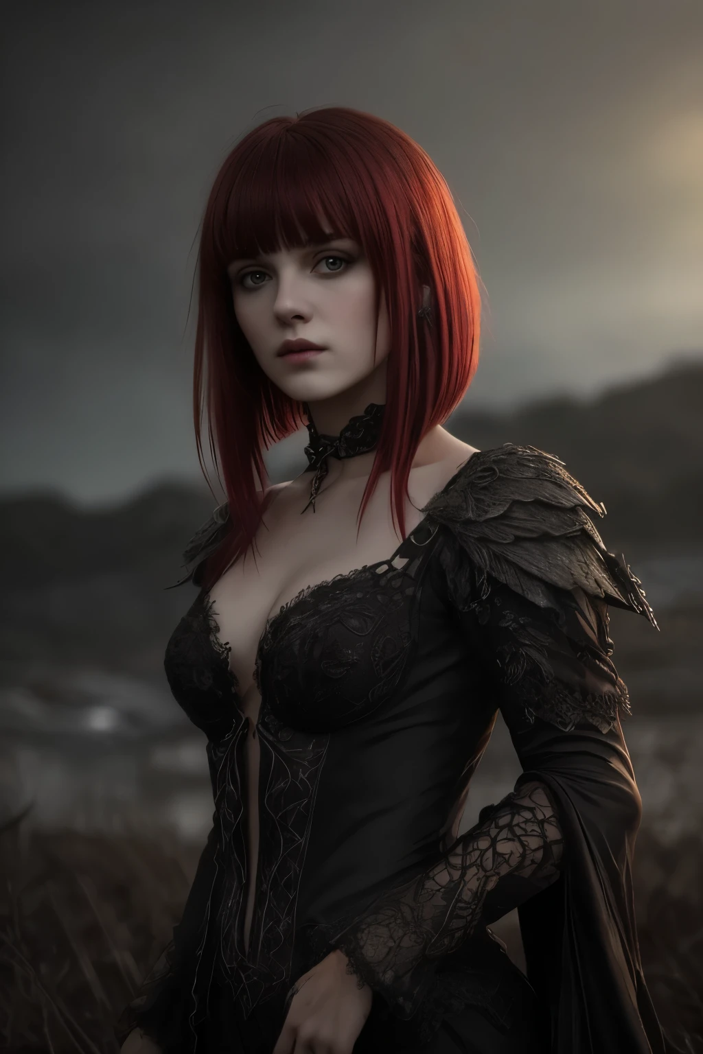 (Realisttic:1.2), analog photo style, cute woman with short black hair and red bangs, red eyes, (Gloomy and dark atmosphere), soft natural light, faded colours, , pleasure, great quality, Masterpiece, detailed fantasy background, better performance, 16k quality, HDR, RAW photo