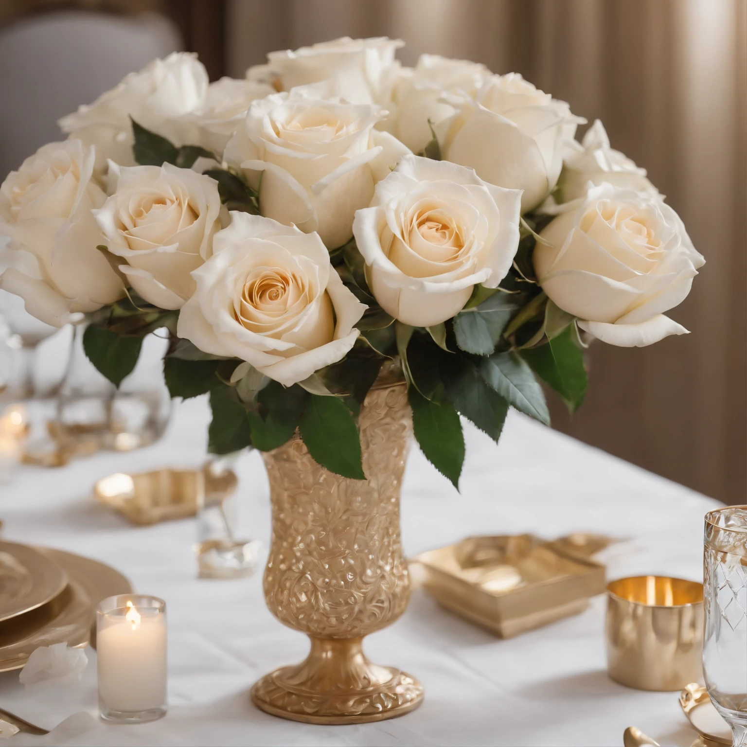 Golden table centerpiece with white roses