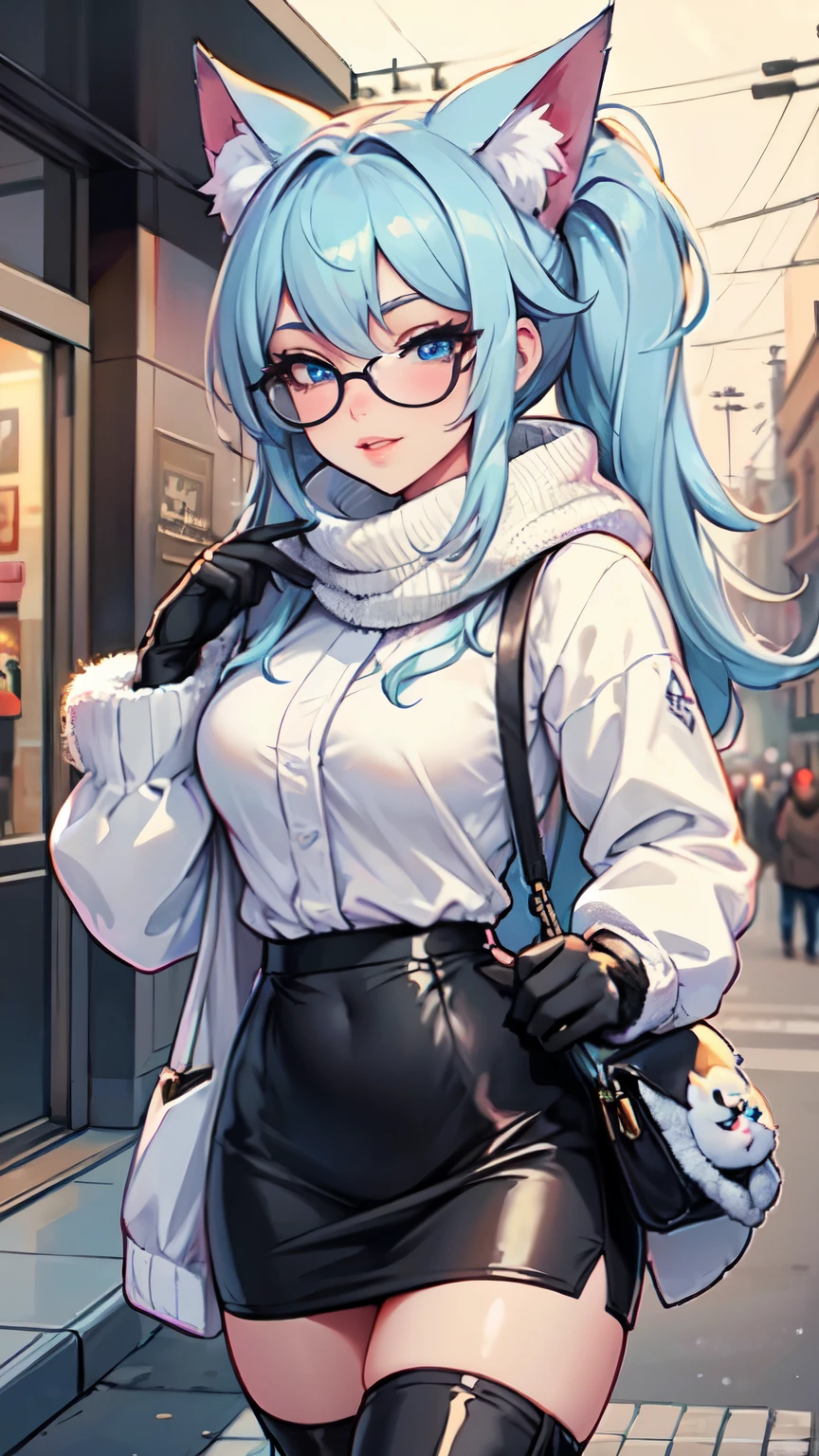 Masterpiece, beautiful art, professional artist, 8k, art style by sciamano240, very detailed face, detailed hair, detailed clothes, detailed fabric, 1girl, perfectly drawn body, beautiful face, long hair, light blue hair , very detailed blue cat eyes, wide smile, wearing trendy winter clothes , black thigh boots, black pencil skirt, glasses, wearing gloves, pouty lips , rosey cheeks, evening winter setting, , show details in eyes, upclose view, looking at viewer, walking on sidewalk, purse on shoulder,